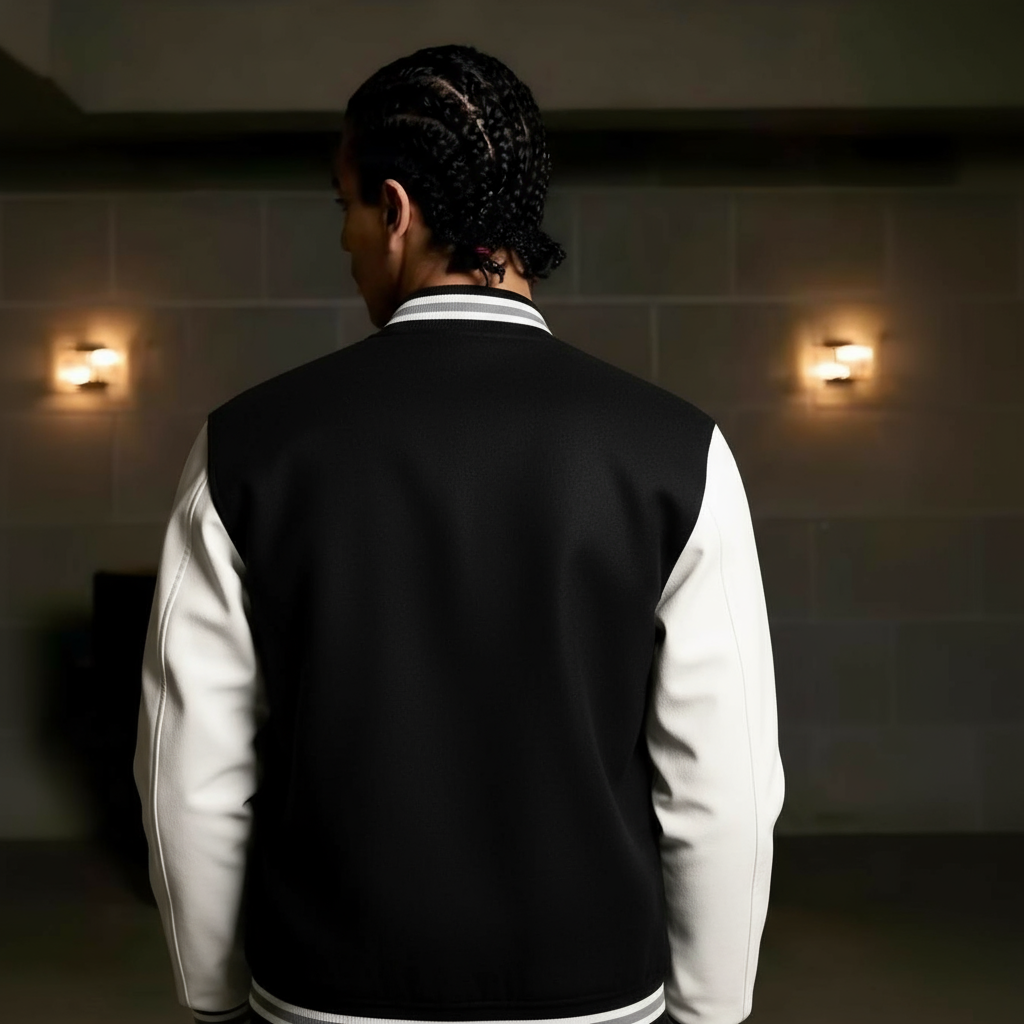 Black White Raglan Sleeves Varsity Full-Snap Letterman Jacket For Men