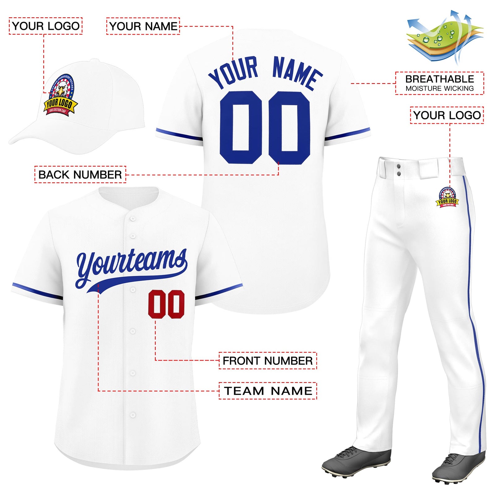 Custom White Royal Blue Classic Style  Baseball Uniform Jersey/Pants/Hat Package For Team |KXKSHOP