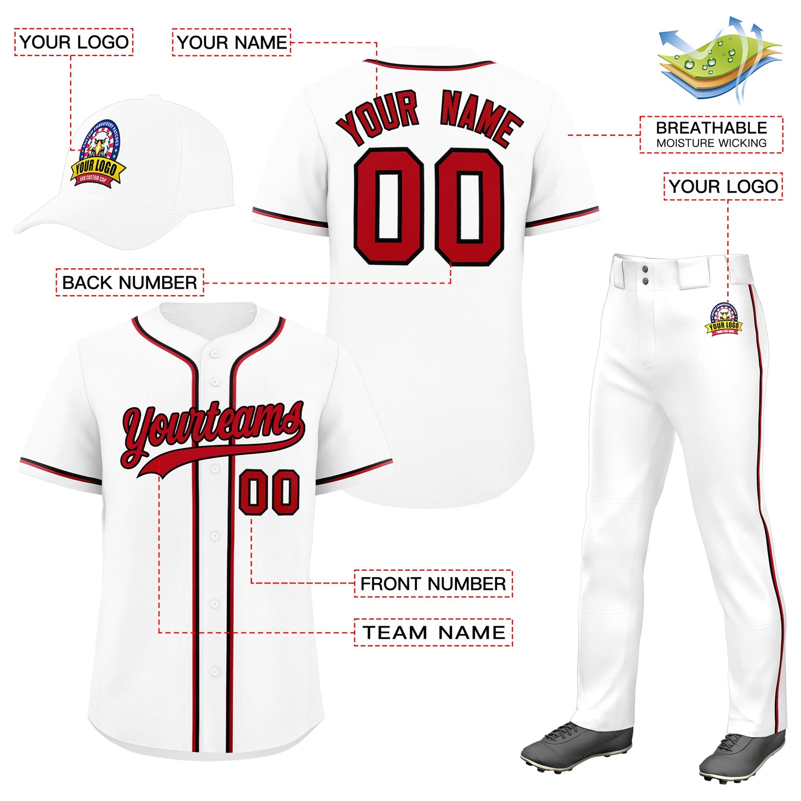 Custom White Red Classic Style  Baseball Uniform Jersey/Pants/Hat Package For Team |KXKSHOP