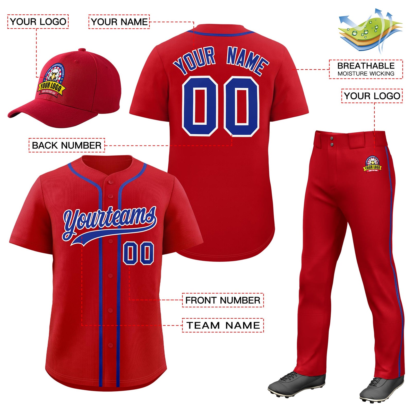 Custom Red Royal Blue Classic Style  Baseball Uniform Jersey/Pants/Hat Package For Team |KXKSHOP