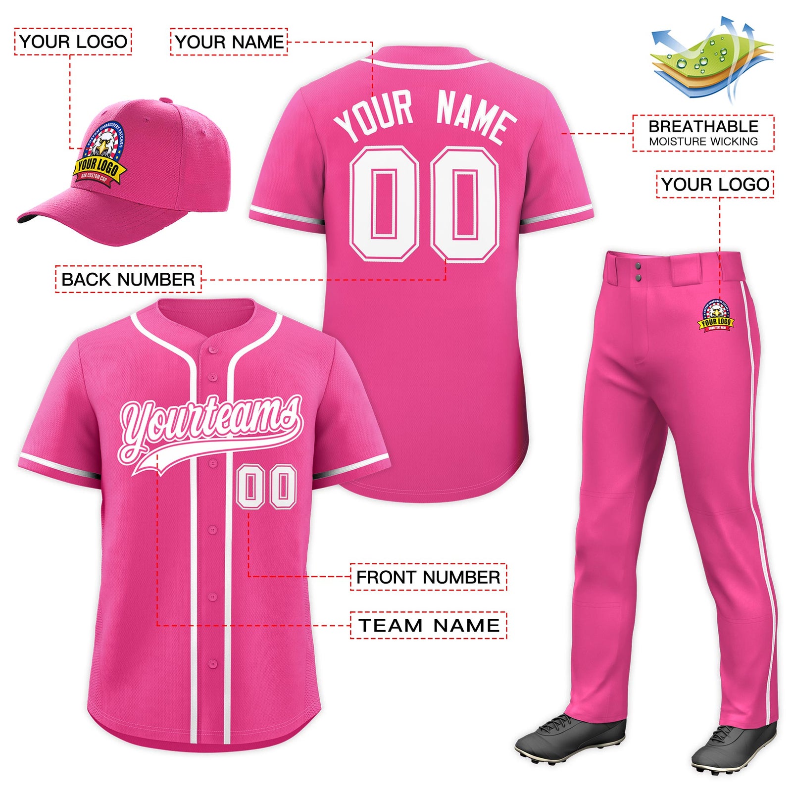 Custom Pink White Classic Style  Baseball Uniform Jersey/Pants/Hat Package For Team |KXKSHOP