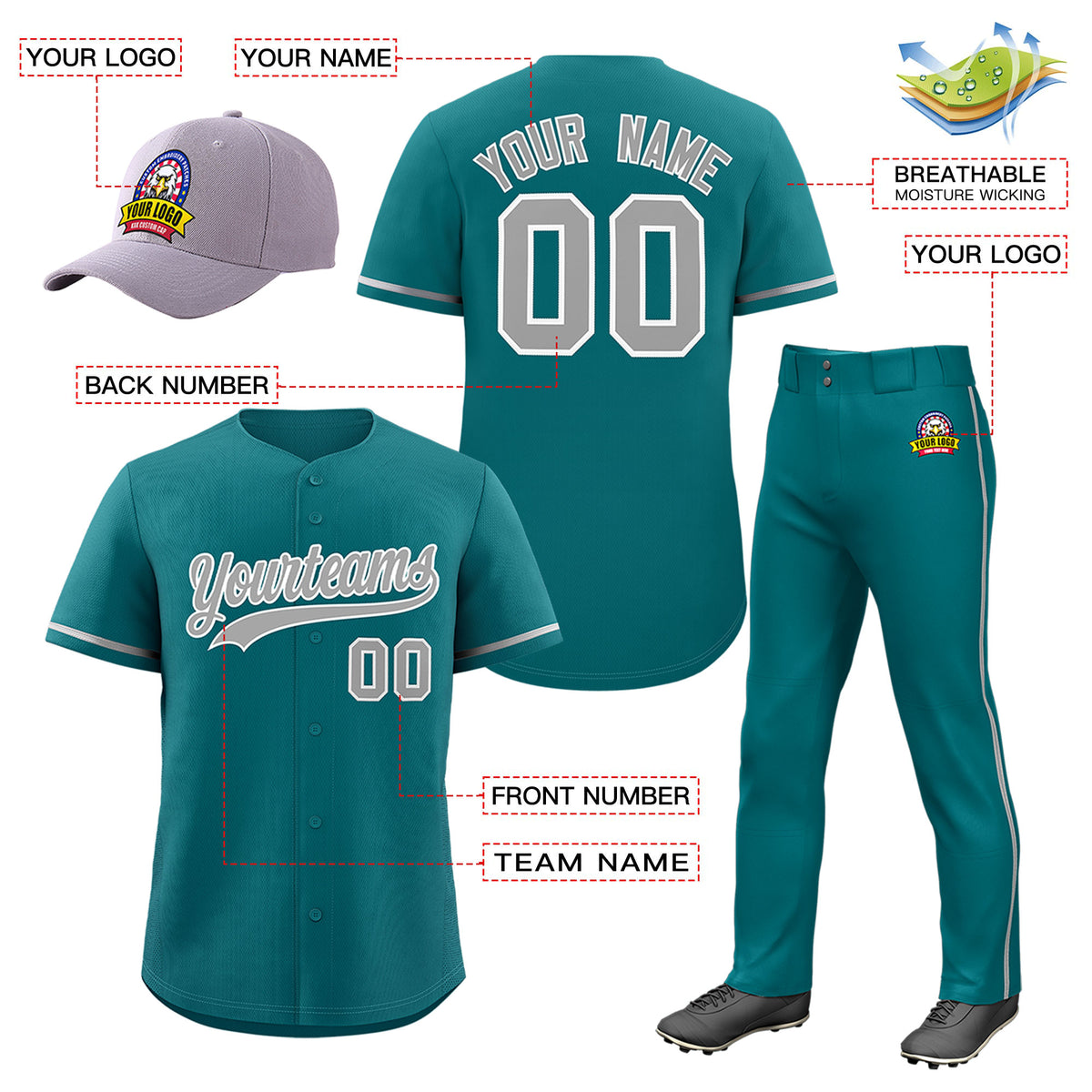 Custom Teal Gray Classic Style  Baseball Uniform Jersey/Pants/Hat Package For Team |KXKSHOP