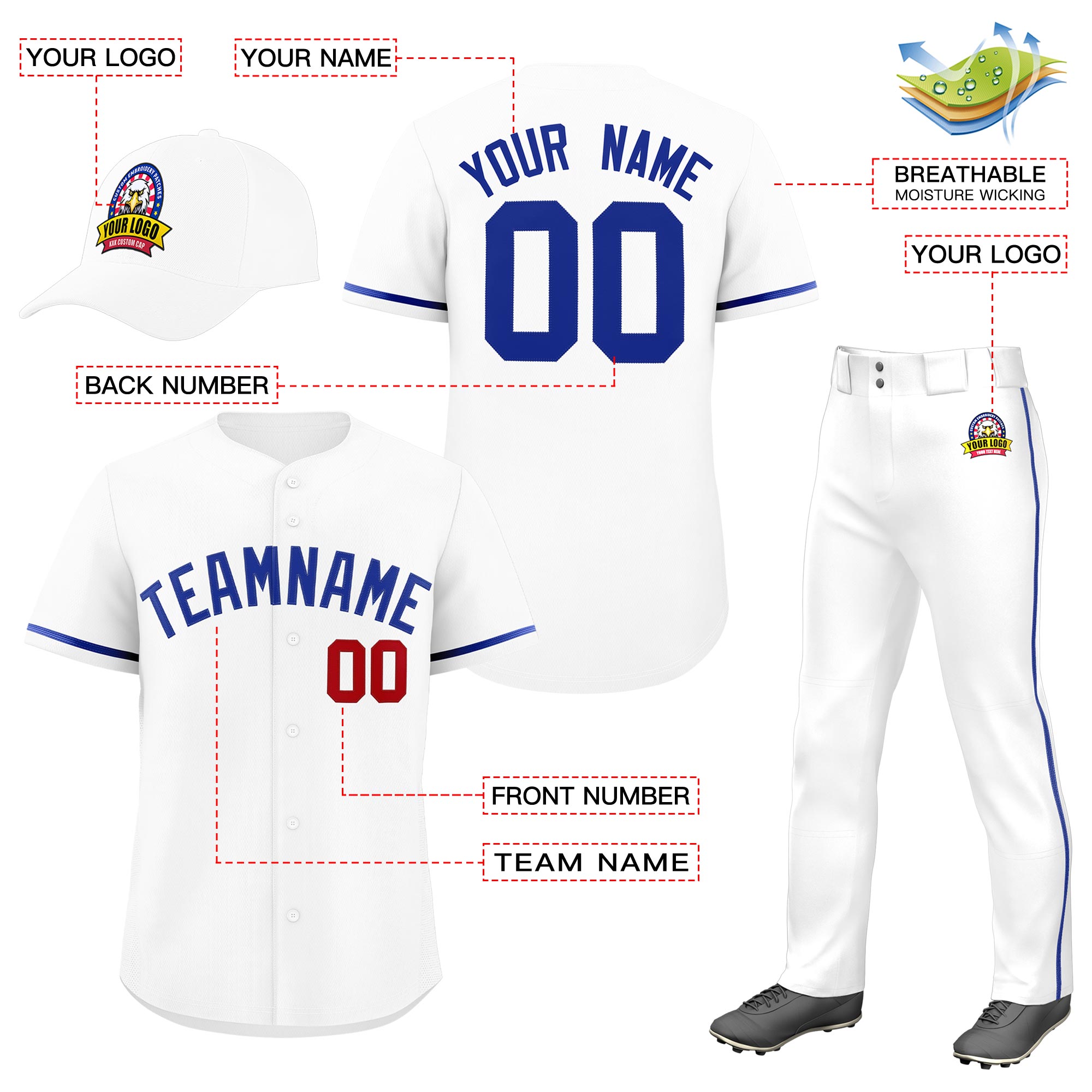 Custom White Royal Blue Classic Style  Baseball Uniform Jersey/Pants/Hat Package For Team |KXKSHOP