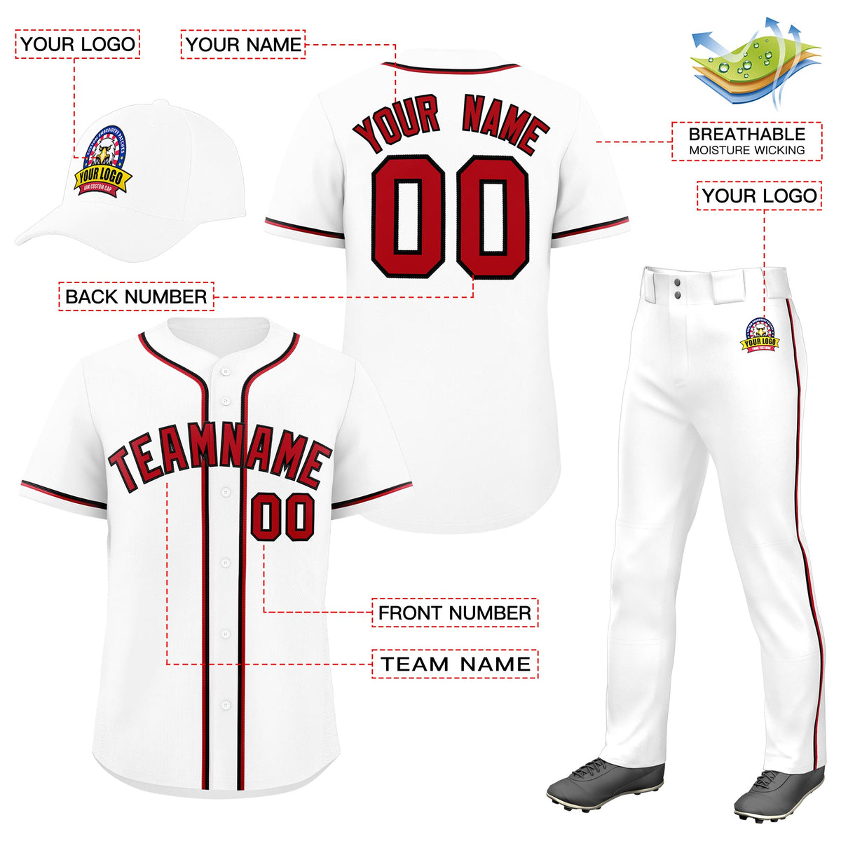 Custom White Red Classic Style  Baseball Uniform Jersey/Pants/Hat Package For Team |KXKSHOP