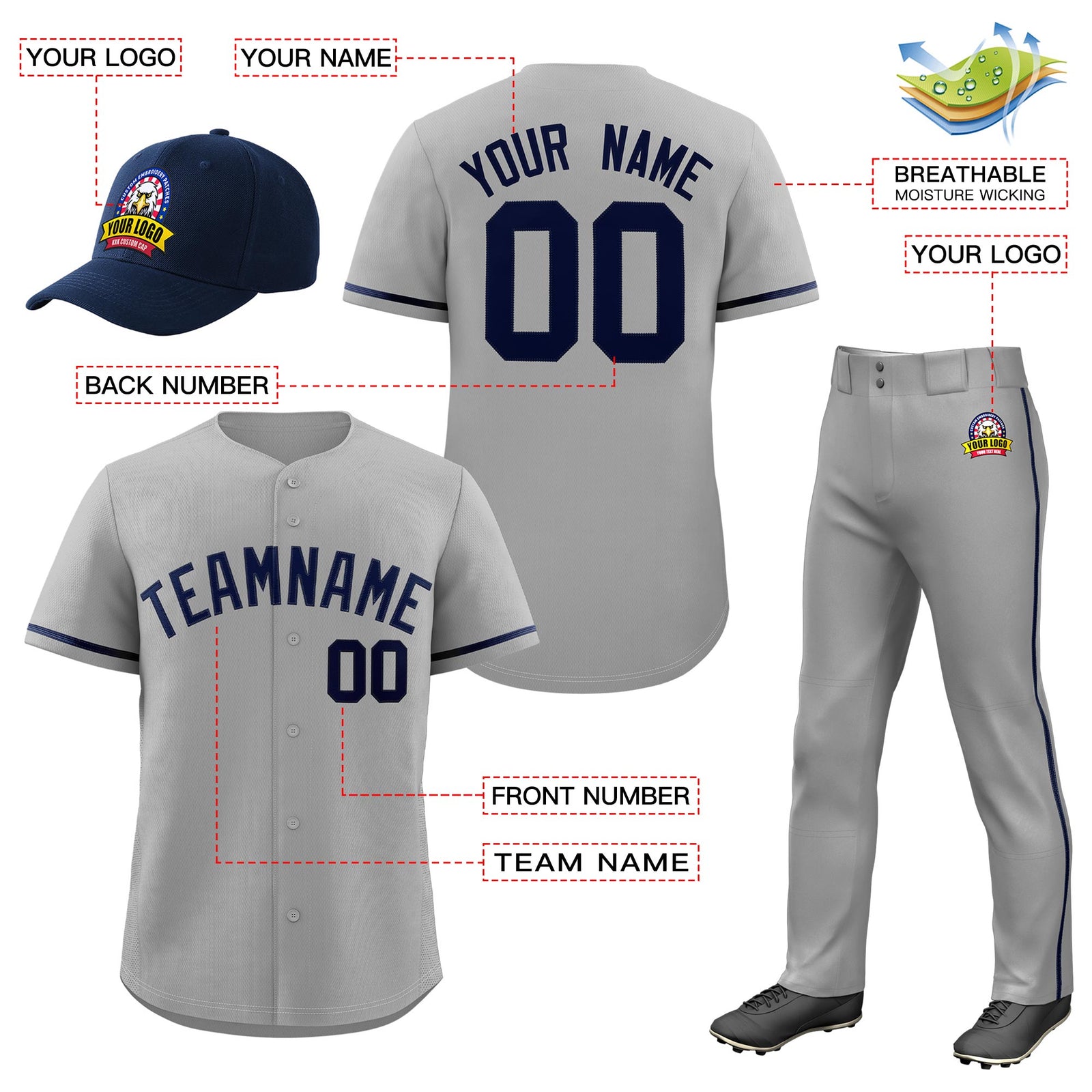 Custom Gray Navy Classic Style  Baseball Uniform Jersey/Pants/Hat Package For Team |KXKSHOP