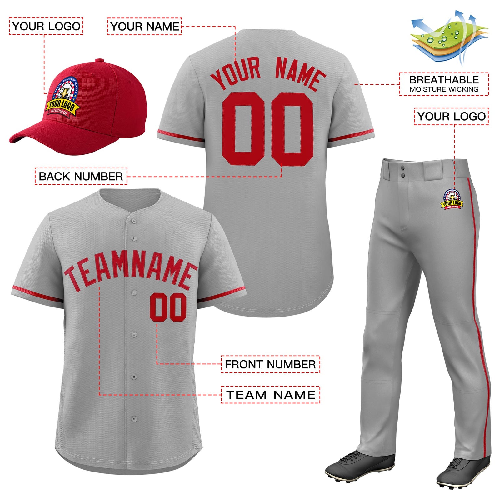 Custom Gray Red Classic Style  Baseball Uniform Jersey/Pants/Hat Package For Team |KXKSHOP
