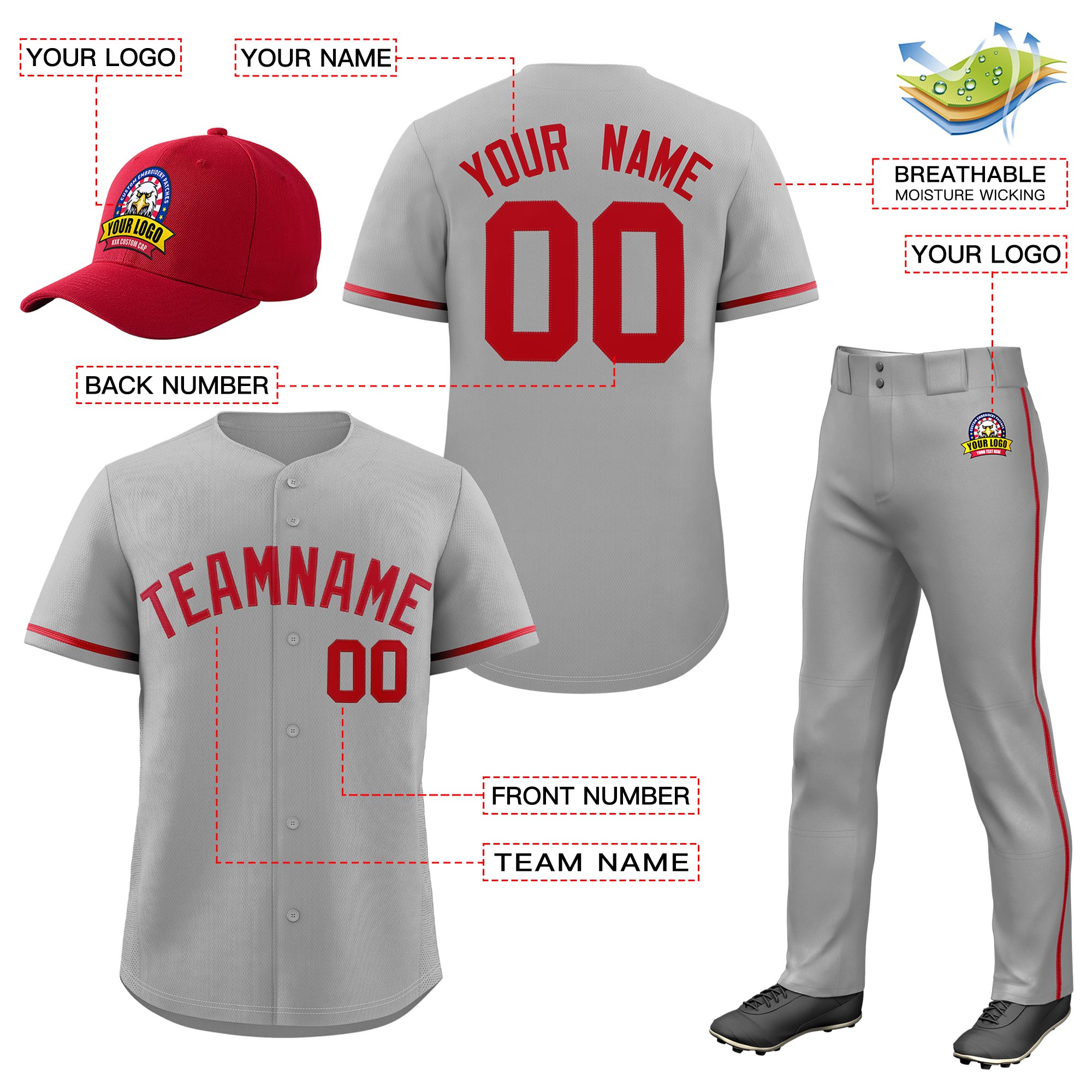 Custom Gray Red Classic Style  Baseball Uniform Jersey/Pants/Hat Package For Team |KXKSHOP