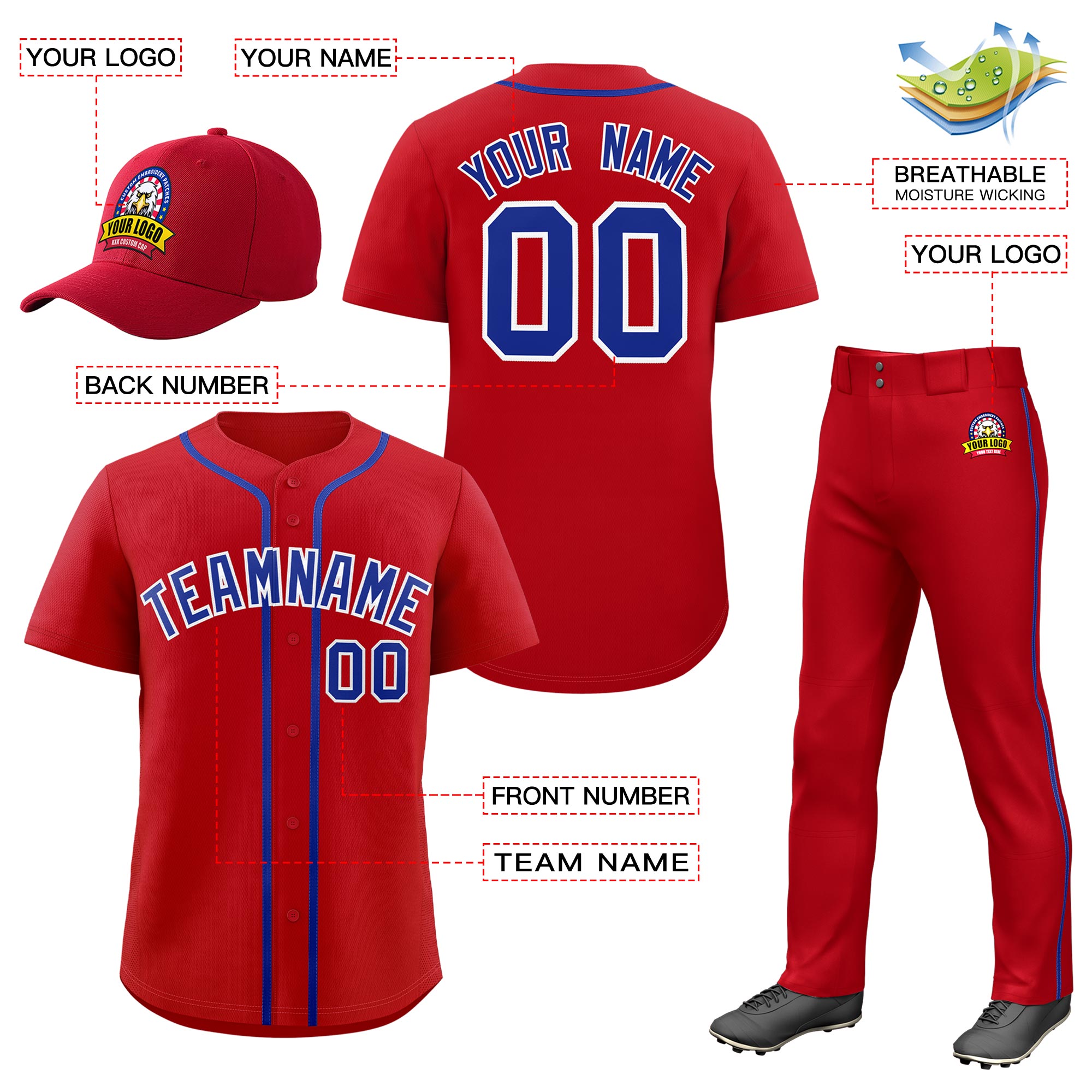 Custom Red Royal Blue Classic Style  Baseball Uniform Jersey/Pants/Hat Package For Team |KXKSHOP