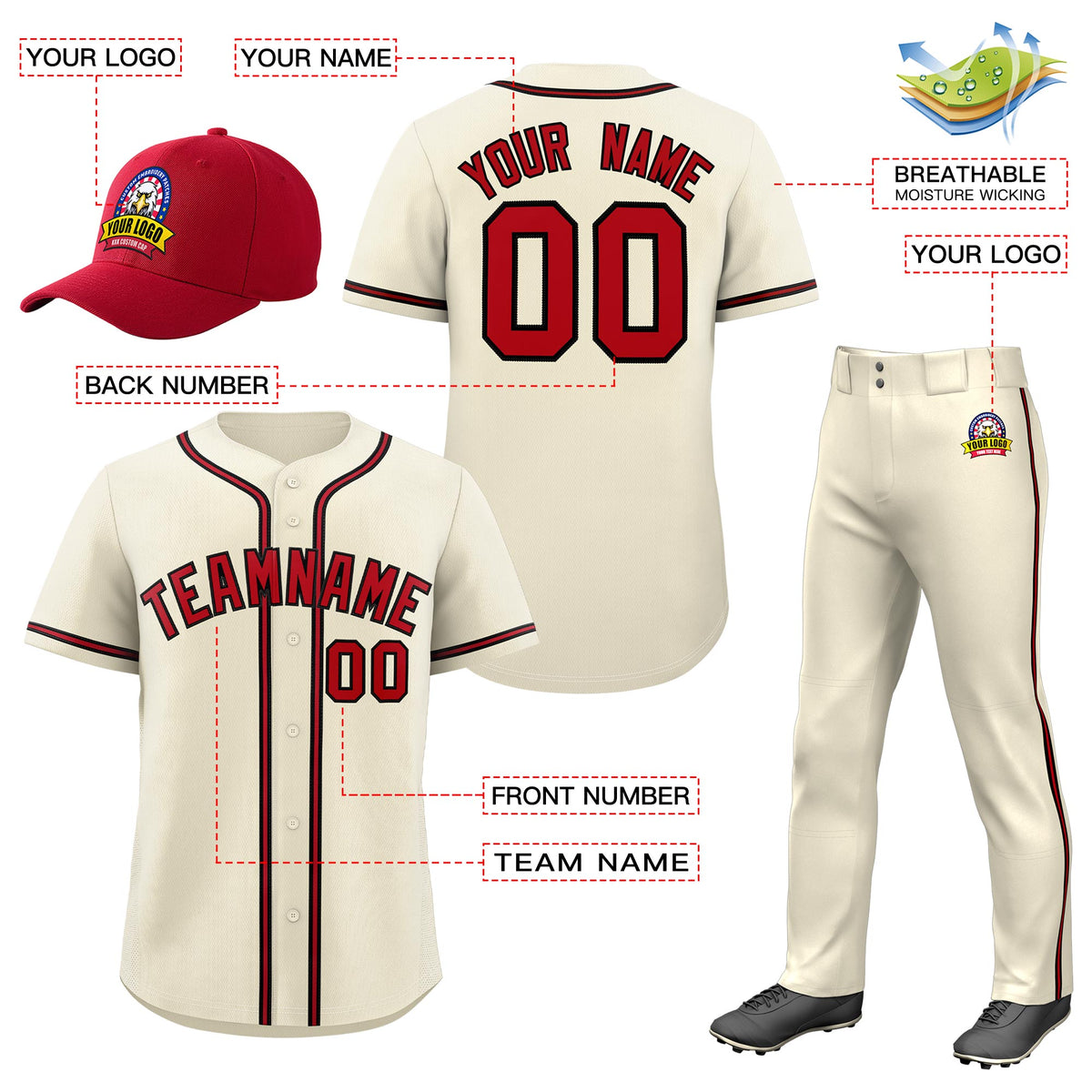 Custom Cream Red Classic Style  Baseball Uniform Jersey/Pants/Hat Package For Team |KXKSHOP