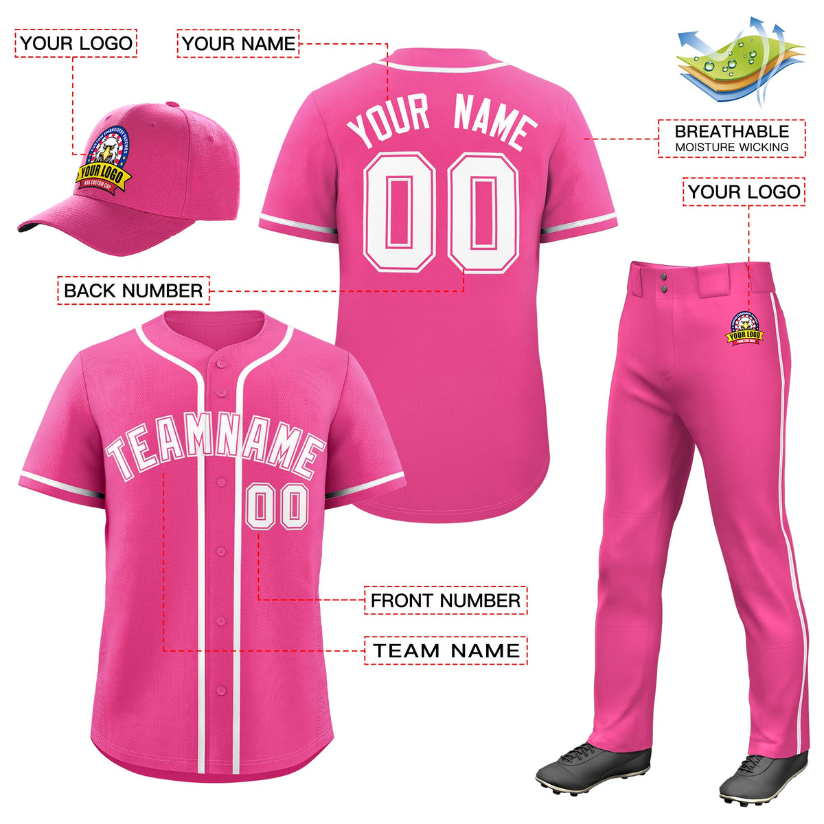 Custom Pink White Classic Style  Baseball Uniform Jersey/Pants/Hat Package For Team |KXKSHOP