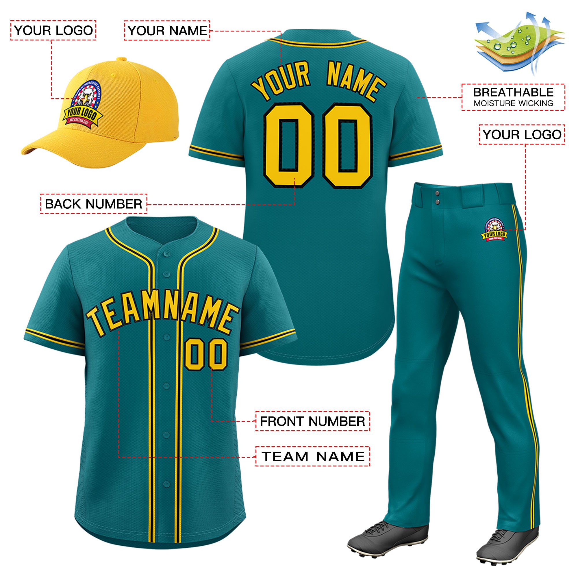 Custom Teal Gold Classic Style  Baseball Uniform Jersey/Pants/Hat Package For Team |KXKSHOP
