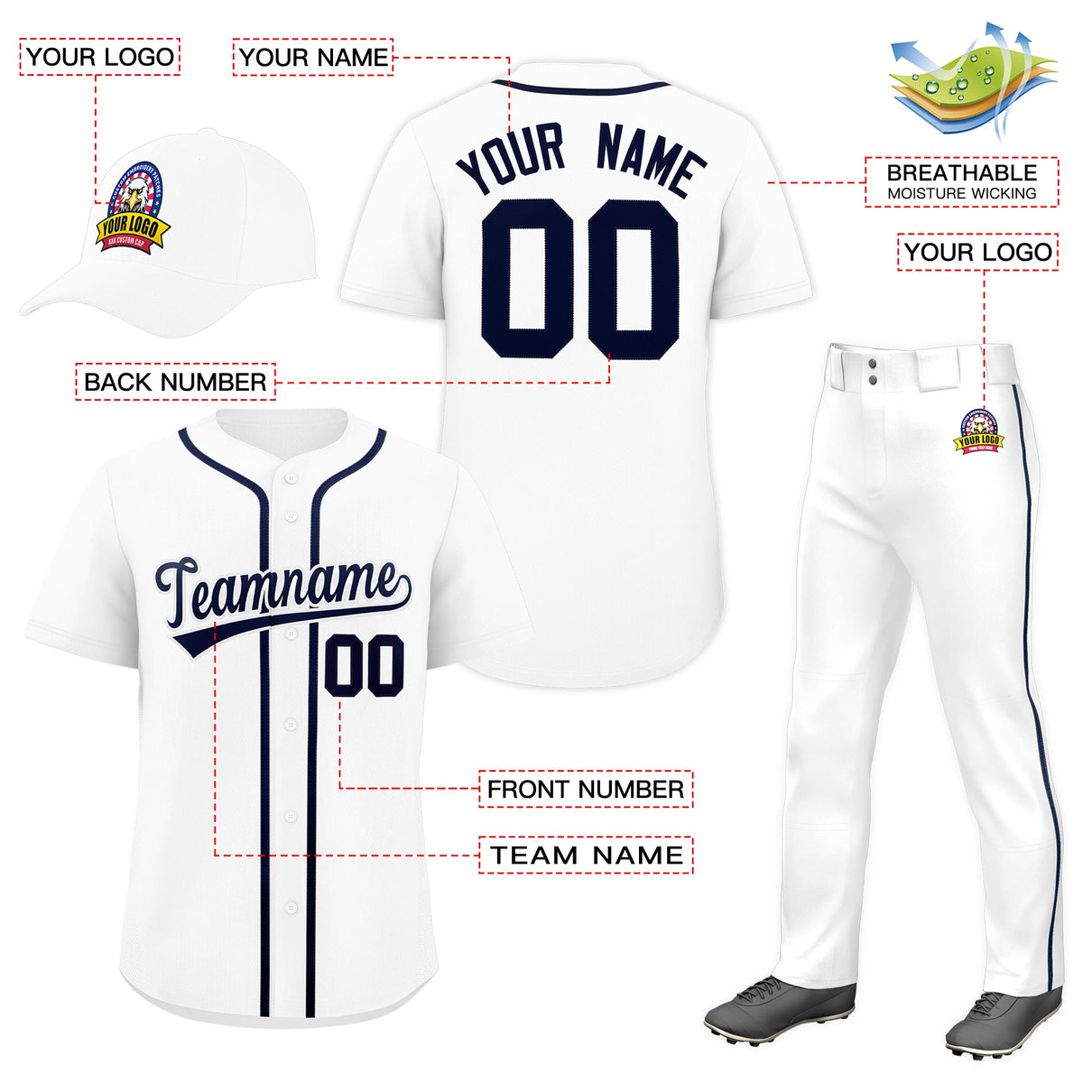 Custom White Navy Classic Style  Baseball Uniform Jersey/Pants/Hat Package For Team |KXKSHOP