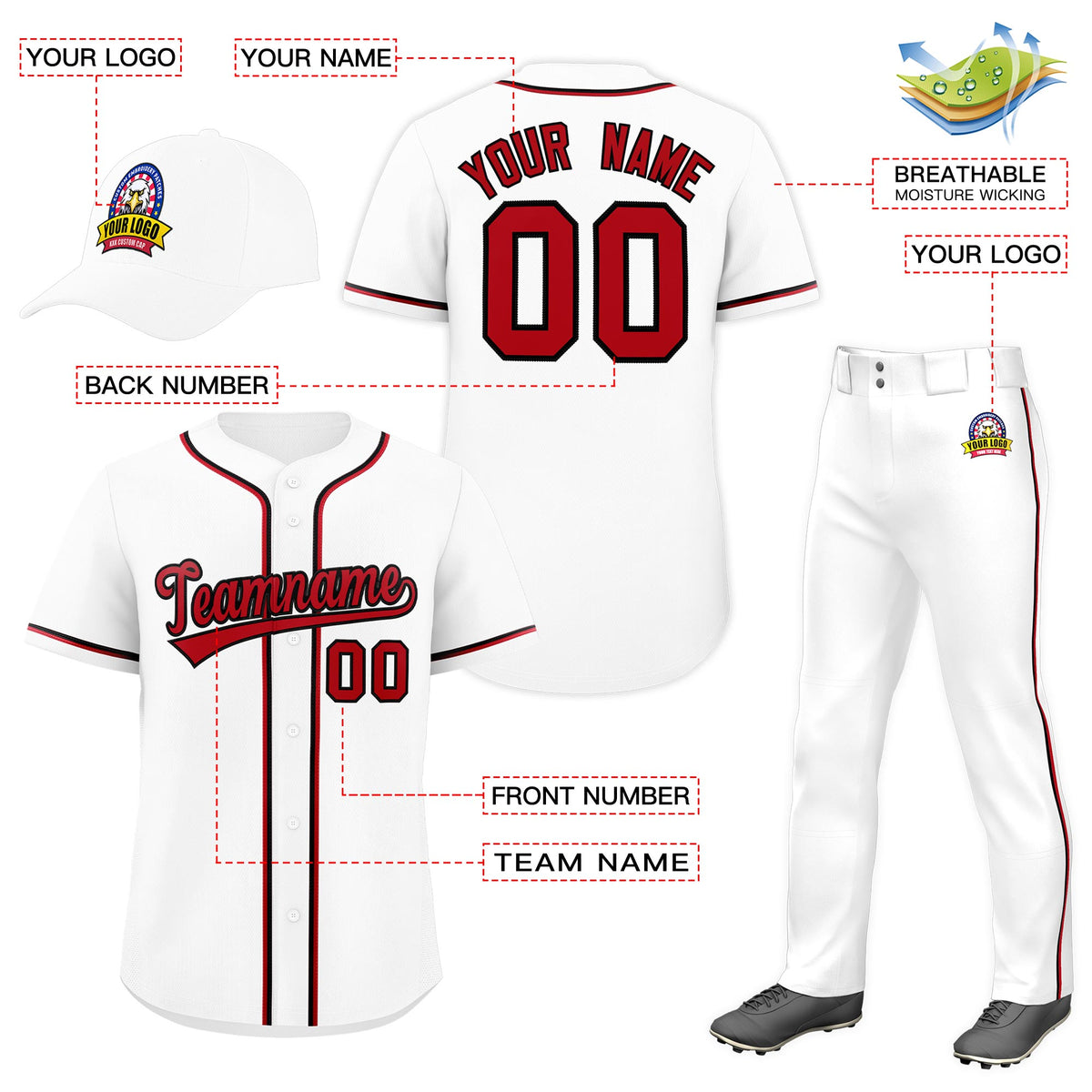 Custom White Red Classic Style  Baseball Uniform Jersey/Pants/Hat Package For Team |KXKSHOP
