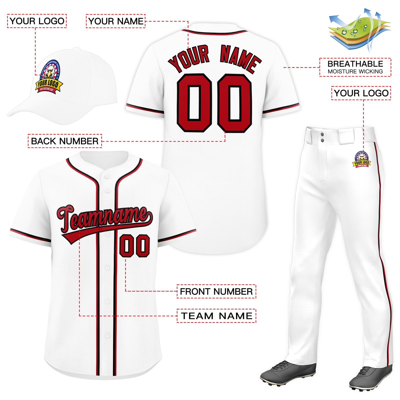 Custom White Red Classic Style  Baseball Uniform Jersey/Pants/Hat Package For Team |KXKSHOP