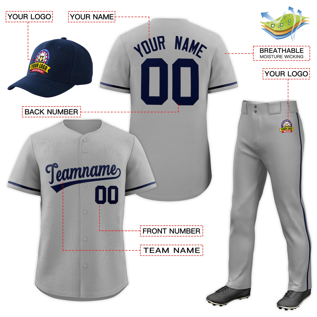 Custom Gray Navy Classic Style  Baseball Uniform Jersey/Pants/Hat Package For Team |KXKSHOP