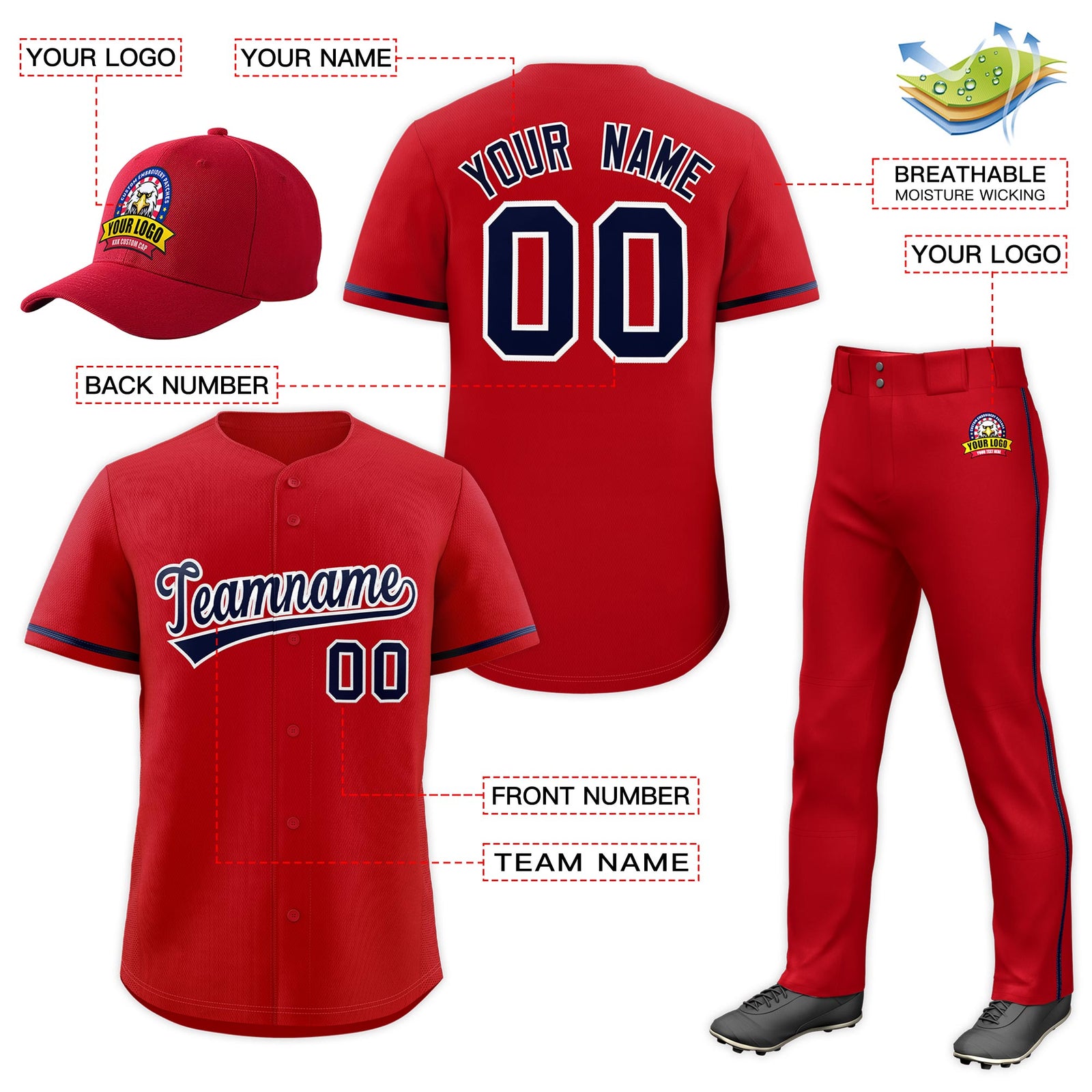 Custom Red Navy Classic Style  Baseball Uniform Jersey/Pants/Hat Package For Team |KXKSHOP