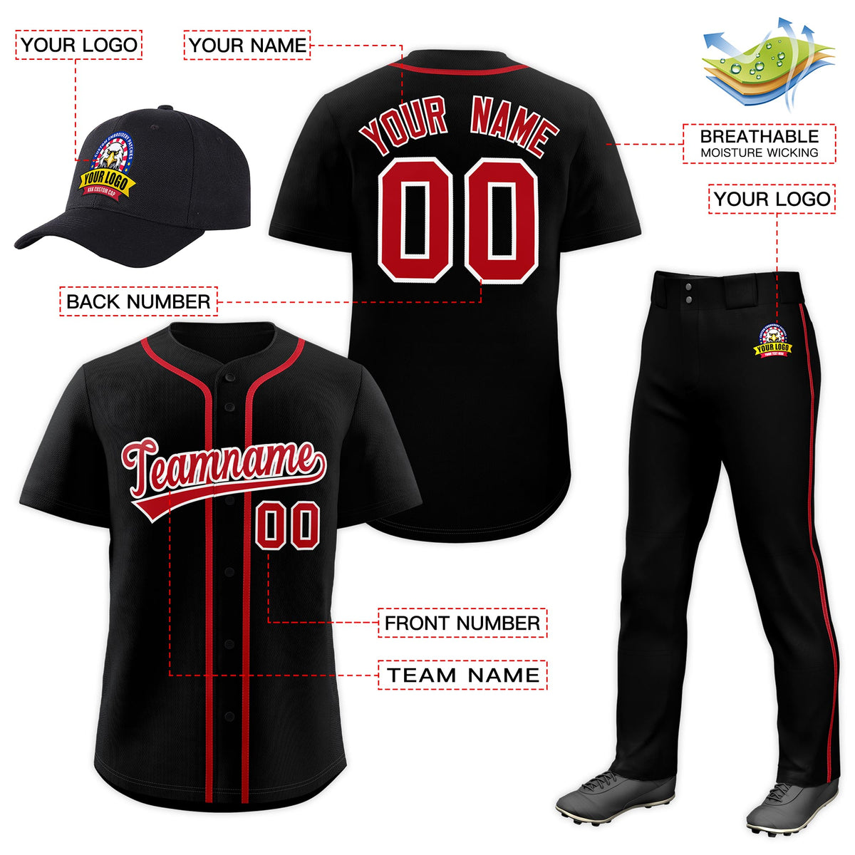 Custom Black Red Classic Style  Baseball Uniform Jersey/Pants/Hat Package For Team |KXKSHOP