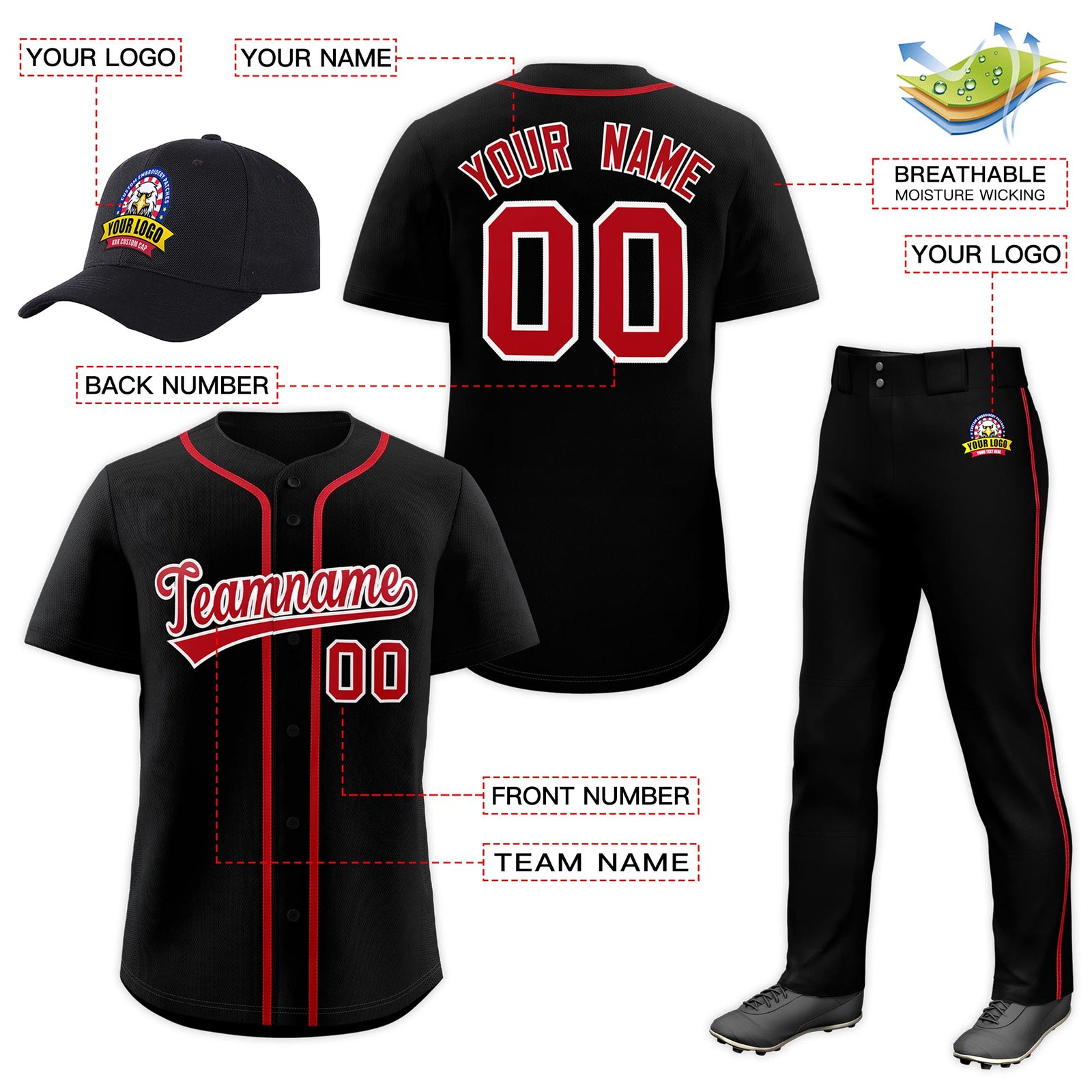 Custom Black Red Classic Style  Baseball Uniform Jersey/Pants/Hat Package For Team |KXKSHOP