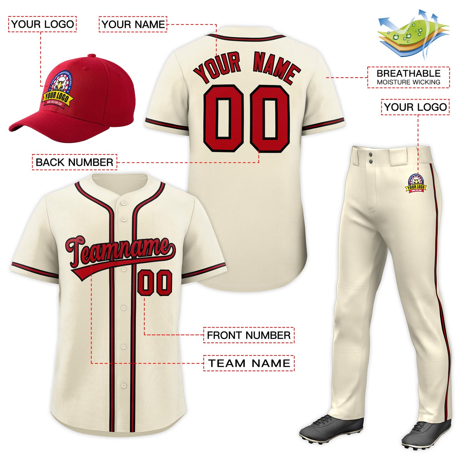 Custom Cream Red Classic Style  Baseball Uniform Jersey/Pants/Hat Package For Team |KXKSHOP