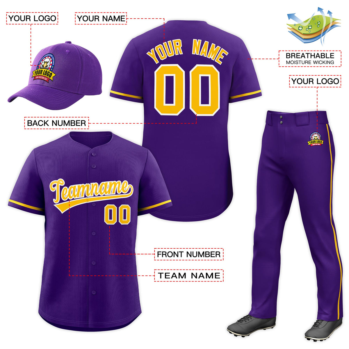 Custom Purple Gold Classic Style  Baseball Uniform Jersey/Pants/Hat Package For Team |KXKSHOP
