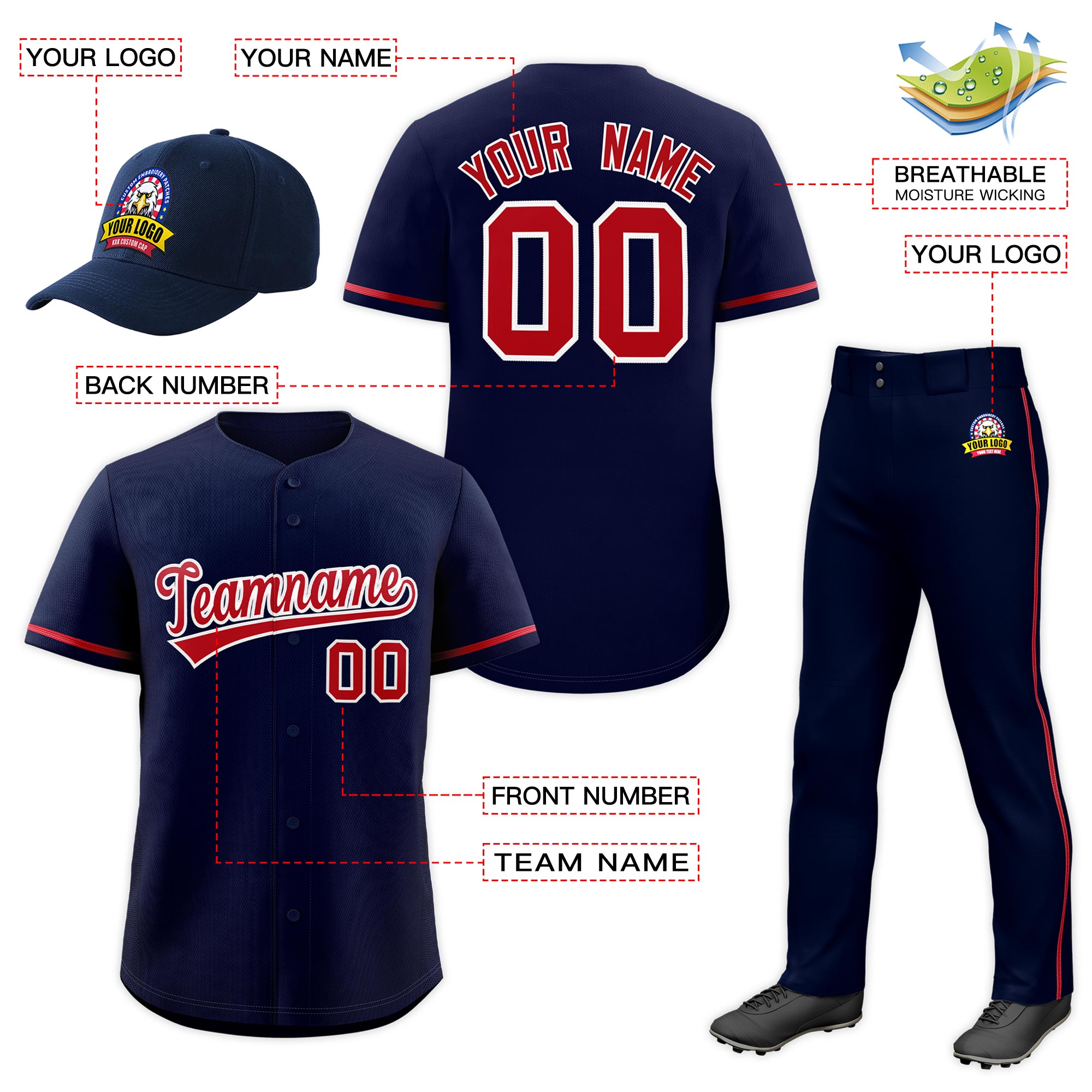Custom Navy Red Classic Style  Baseball Uniform Jersey/Pants/Hat Package For Team |KXKSHOP
