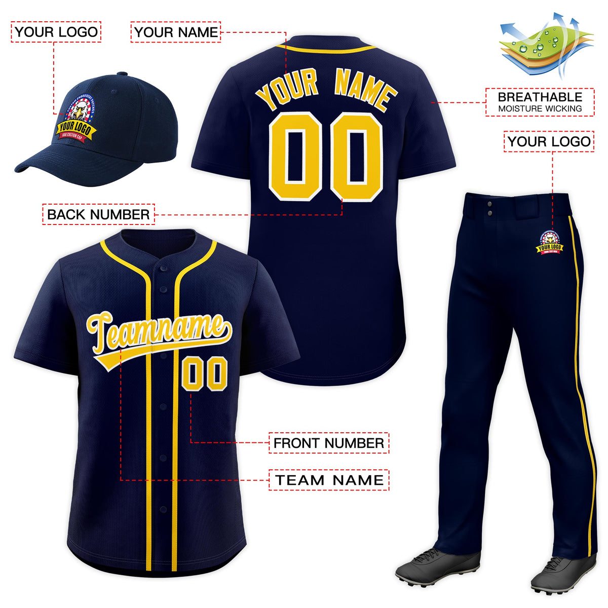 Custom Navy Gold Classic Style  Baseball Uniform Jersey/Pants/Hat Package For Team |KXKSHOP