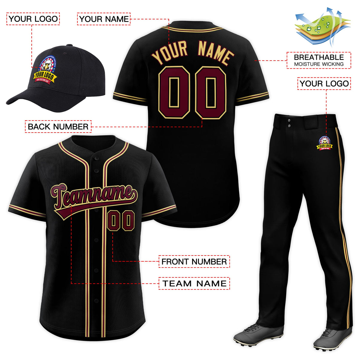 Custom Black Crimson Classic Style  Baseball Uniform Jersey/Pants/Hat Package For Team |KXKSHOP