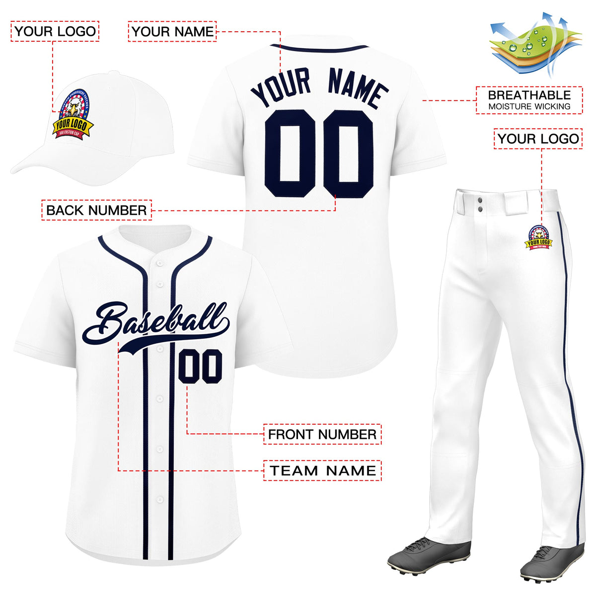 Custom White Navy Classic Style  Baseball Uniform Jersey/Pants/Hat Package For Team |KXKSHOP