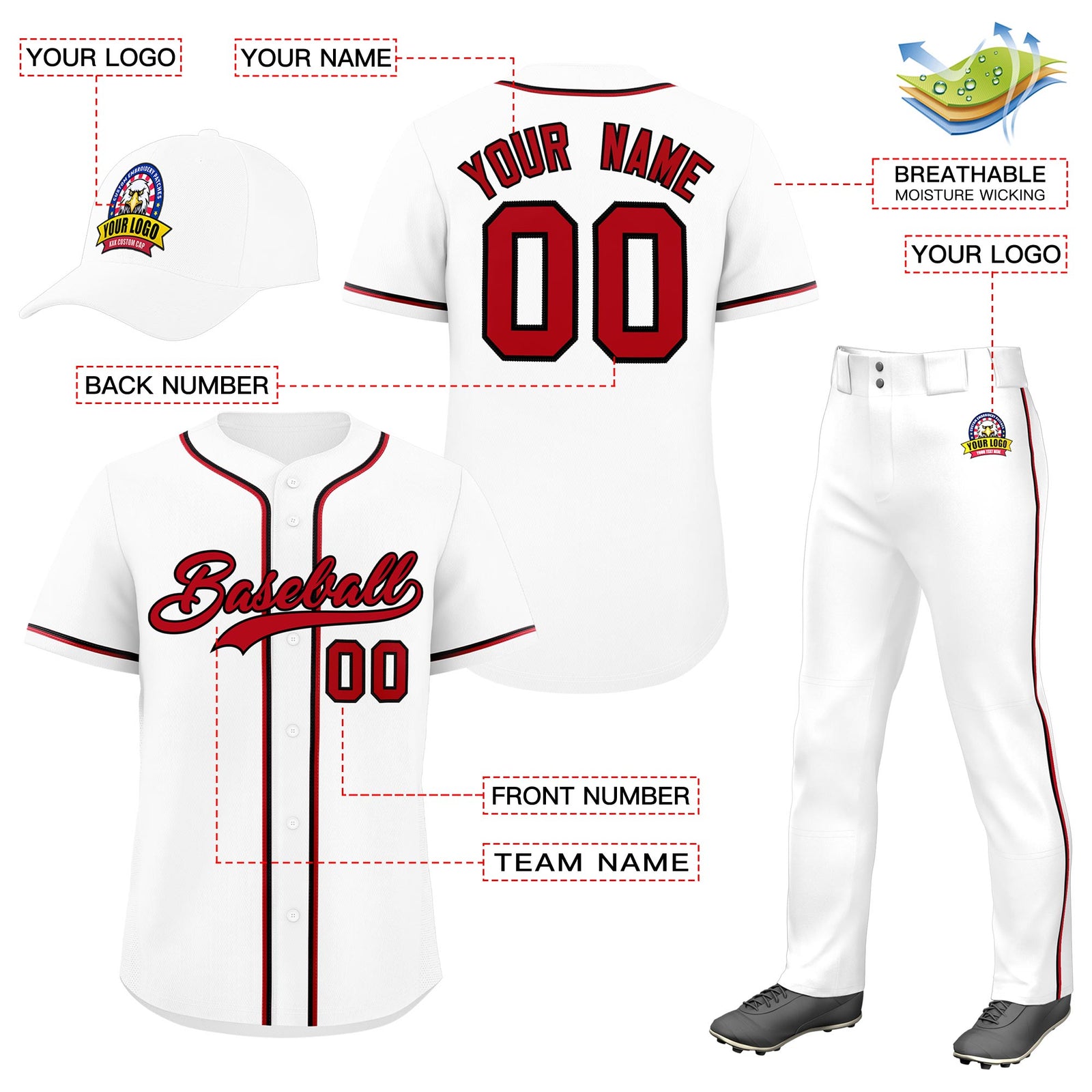 Custom White Red Classic Style  Baseball Uniform Jersey/Pants/Hat Package For Team |KXKSHOP