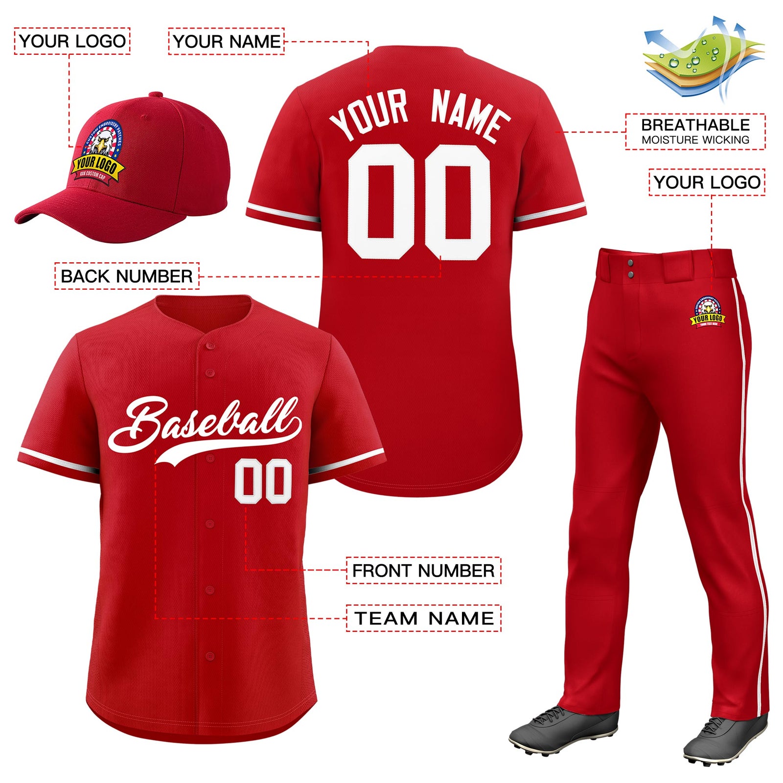 Custom Red White Classic Style  Baseball Uniform Jersey/Pants/Hat Package For Team |KXKSHOP