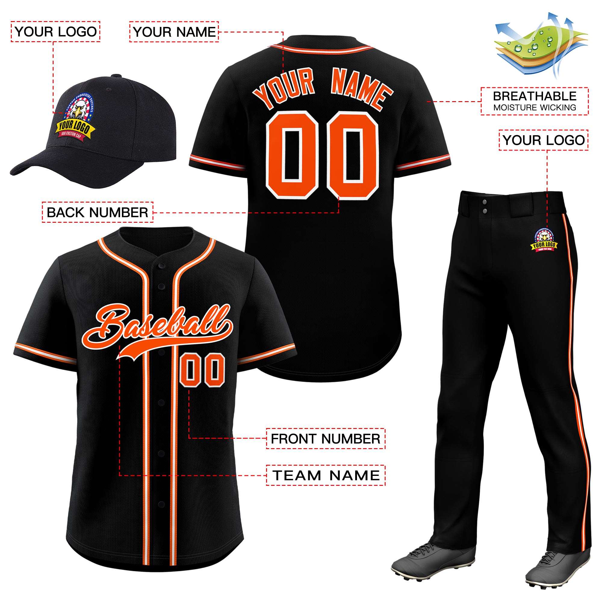 Custom Black Orange Classic Style  Baseball Uniform Jersey/Pants/Hat Package For Team |KXKSHOP