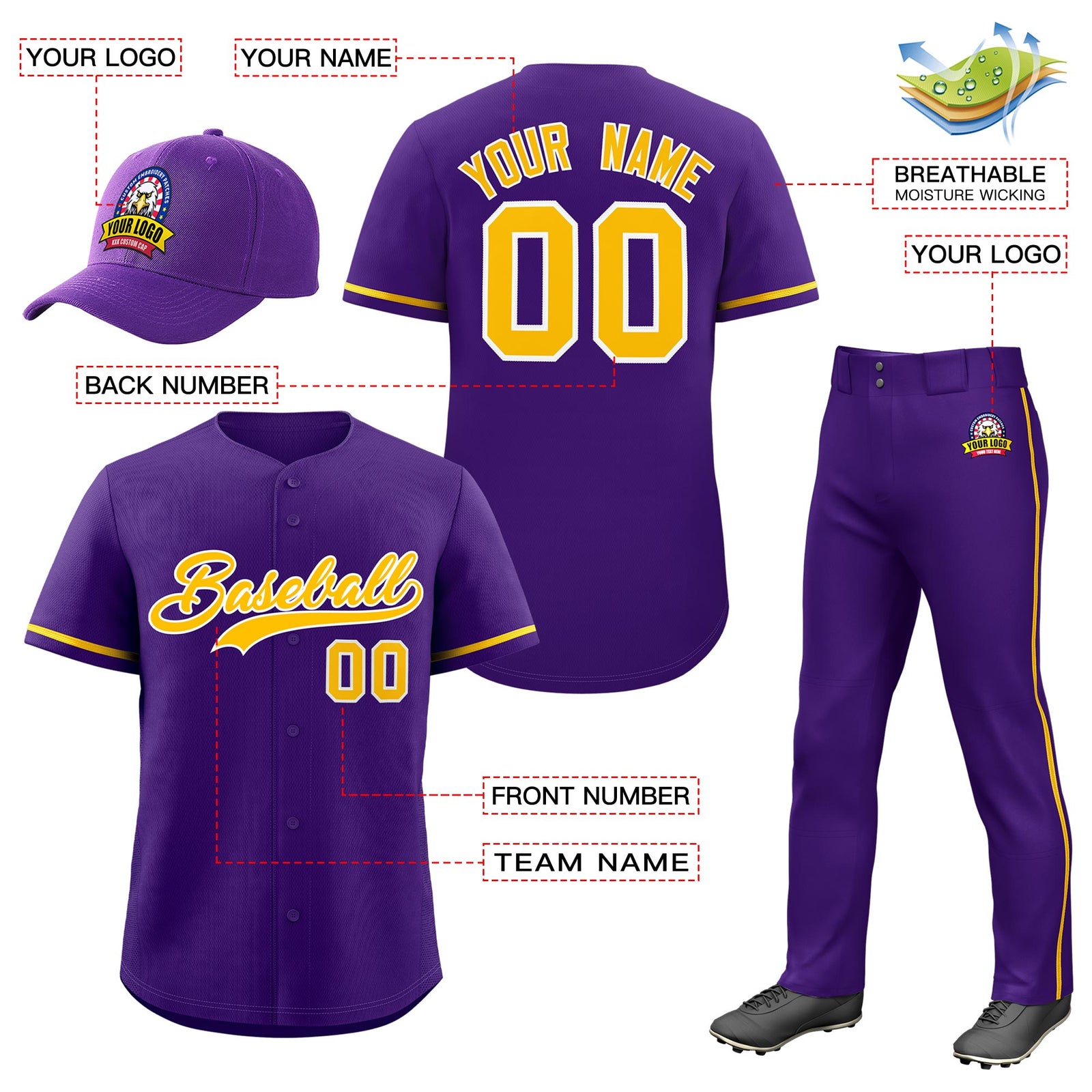Custom Purple Gold Classic Style  Baseball Uniform Jersey/Pants/Hat Package For Team |KXKSHOP