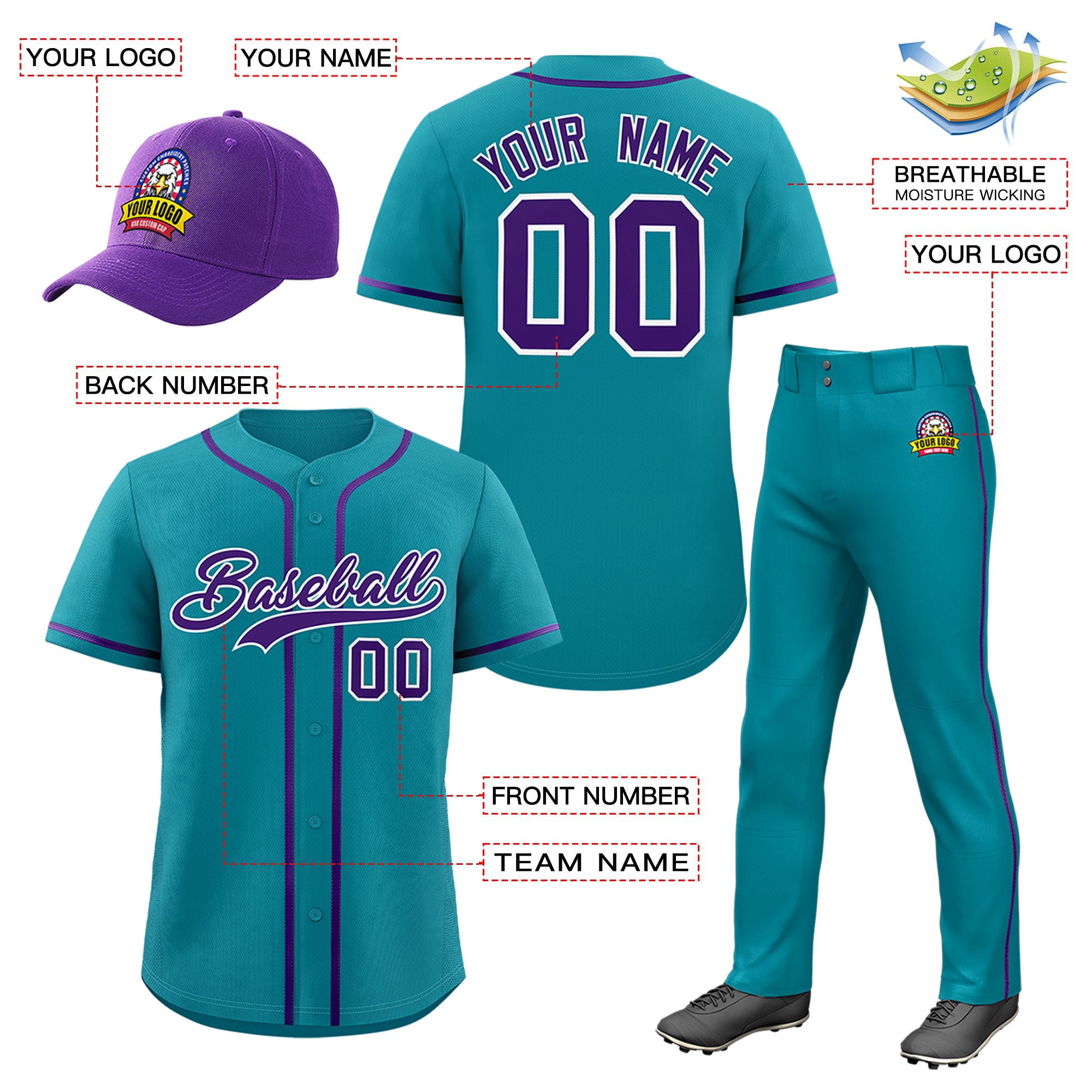 Custom Teal Purple Classic Style  Baseball Uniform Jersey/Pants/Hat Package For Team |KXKSHOP