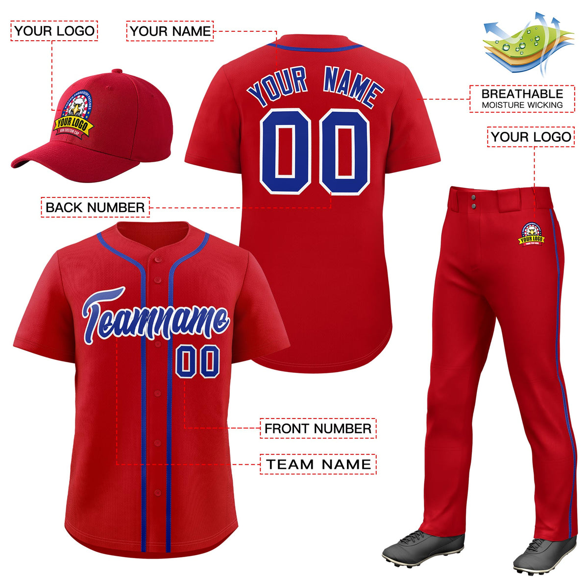 Custom Red Royal Blue Classic Style  Baseball Uniform Jersey/Pants/Hat Package For Team |KXKSHOP