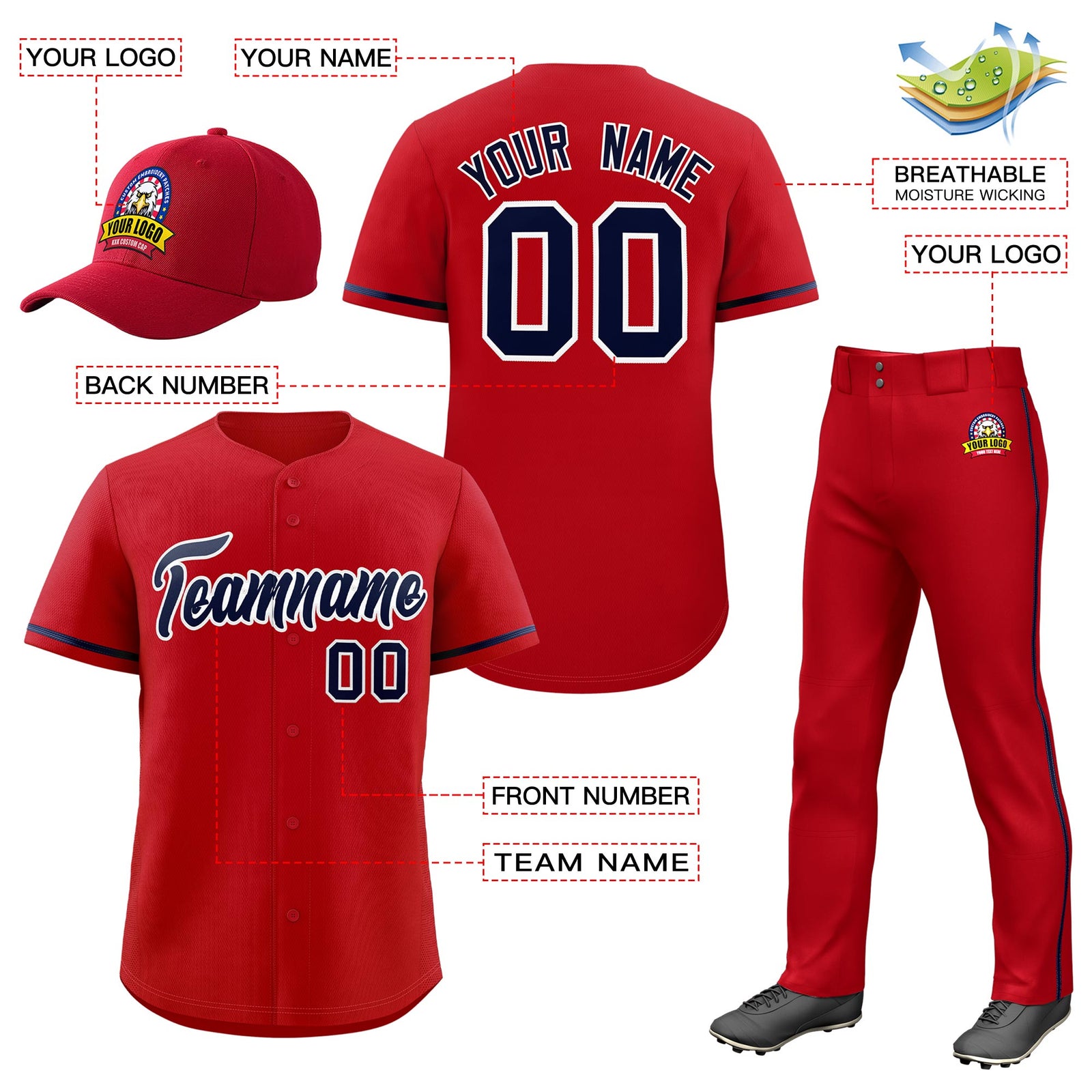 Custom Red Navy Classic Style  Baseball Uniform Jersey/Pants/Hat Package For Team |KXKSHOP