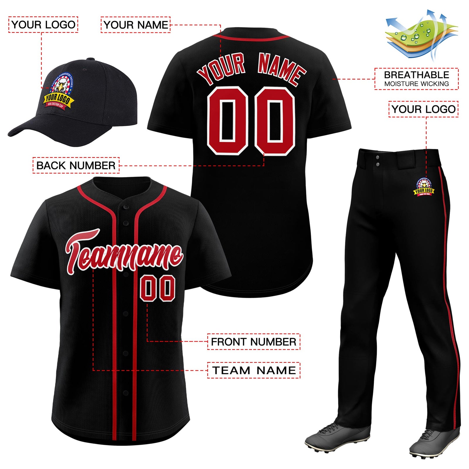 Custom Black Red Classic Style  Baseball Uniform Jersey/Pants/Hat Package For Team |KXKSHOP