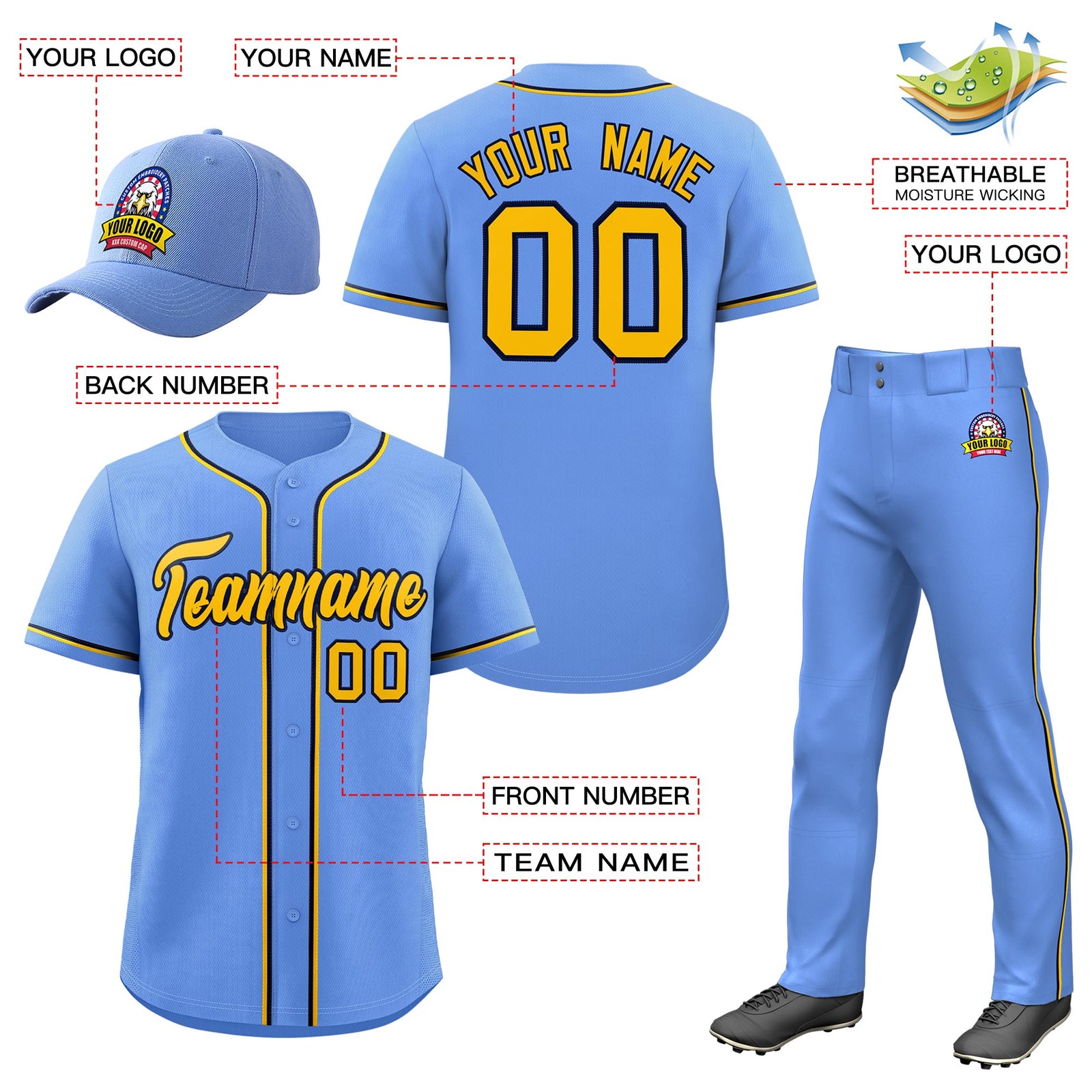 Custom Light Blue Gold Classic Style  Baseball Uniform Jersey/Pants/Hat Package For Team |KXKSHOP