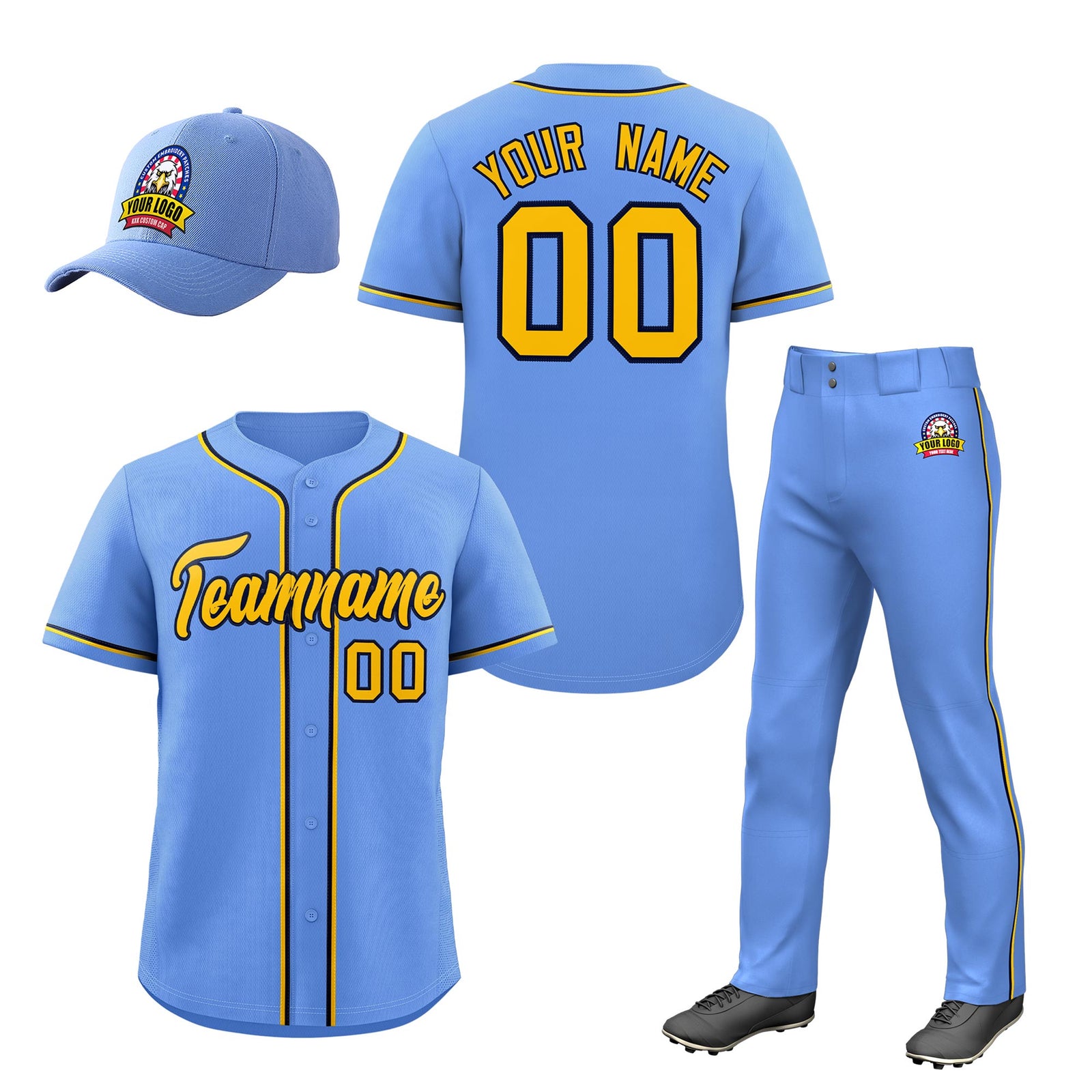 Custom Light Blue Gold Classic Style  Baseball Uniform Jersey/Pants/Hat Package For Team |KXKSHOP