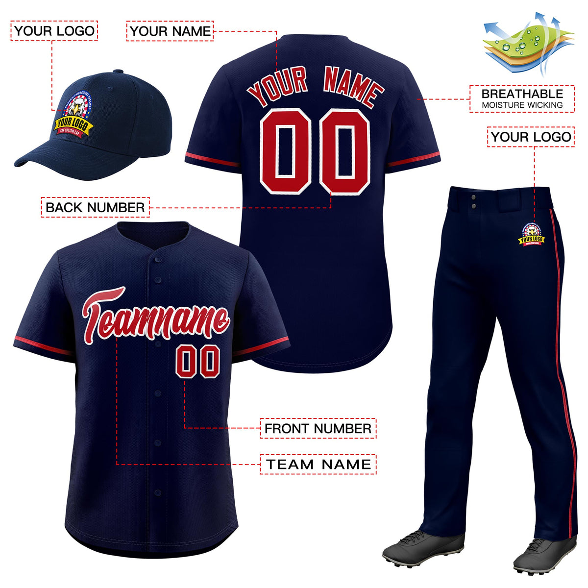 Custom Navy Red Classic Style  Baseball Uniform Jersey/Pants/Hat Package For Team |KXKSHOP