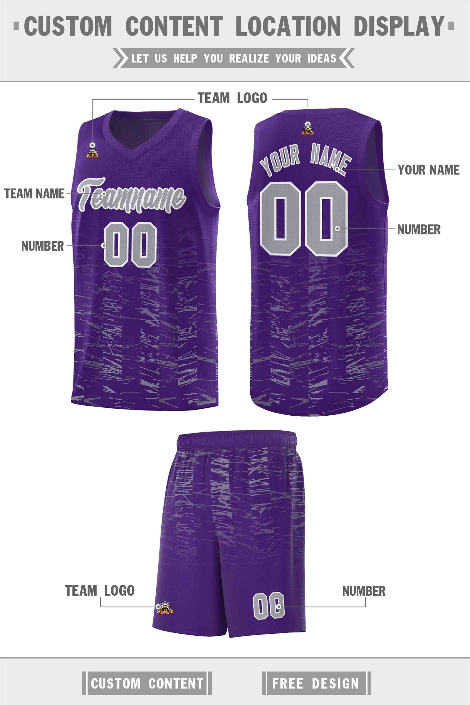Custom Purple Gray Personalized Scratches Pattern Sports Uniform Basketball Jersey