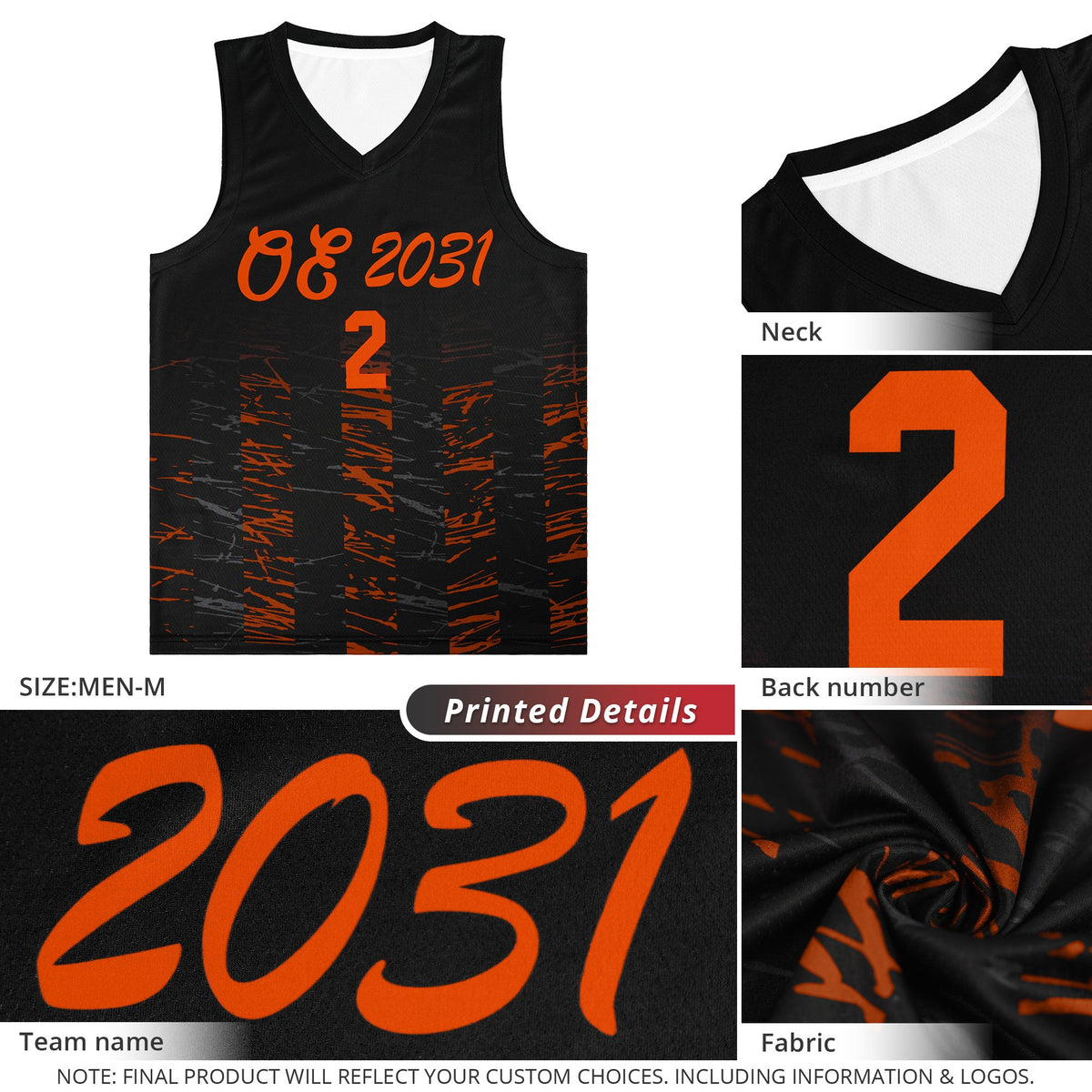 Custom Black Orange Personalized Scratches Pattern Sports Uniform Basketball Jersey