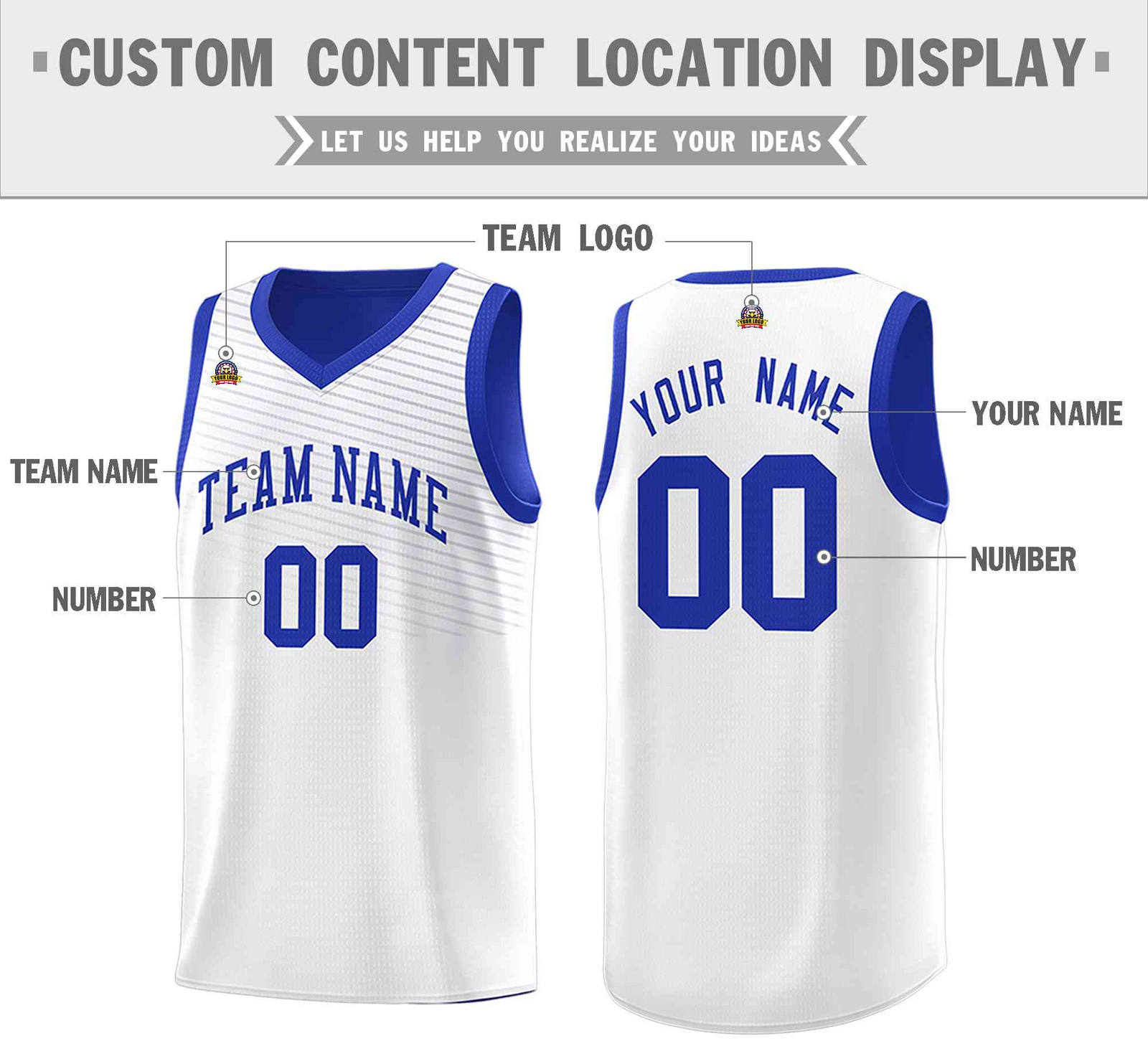 Custom Royal White Chest Slash Patttern Double Side Top Sports Uniform Basketball Jersey