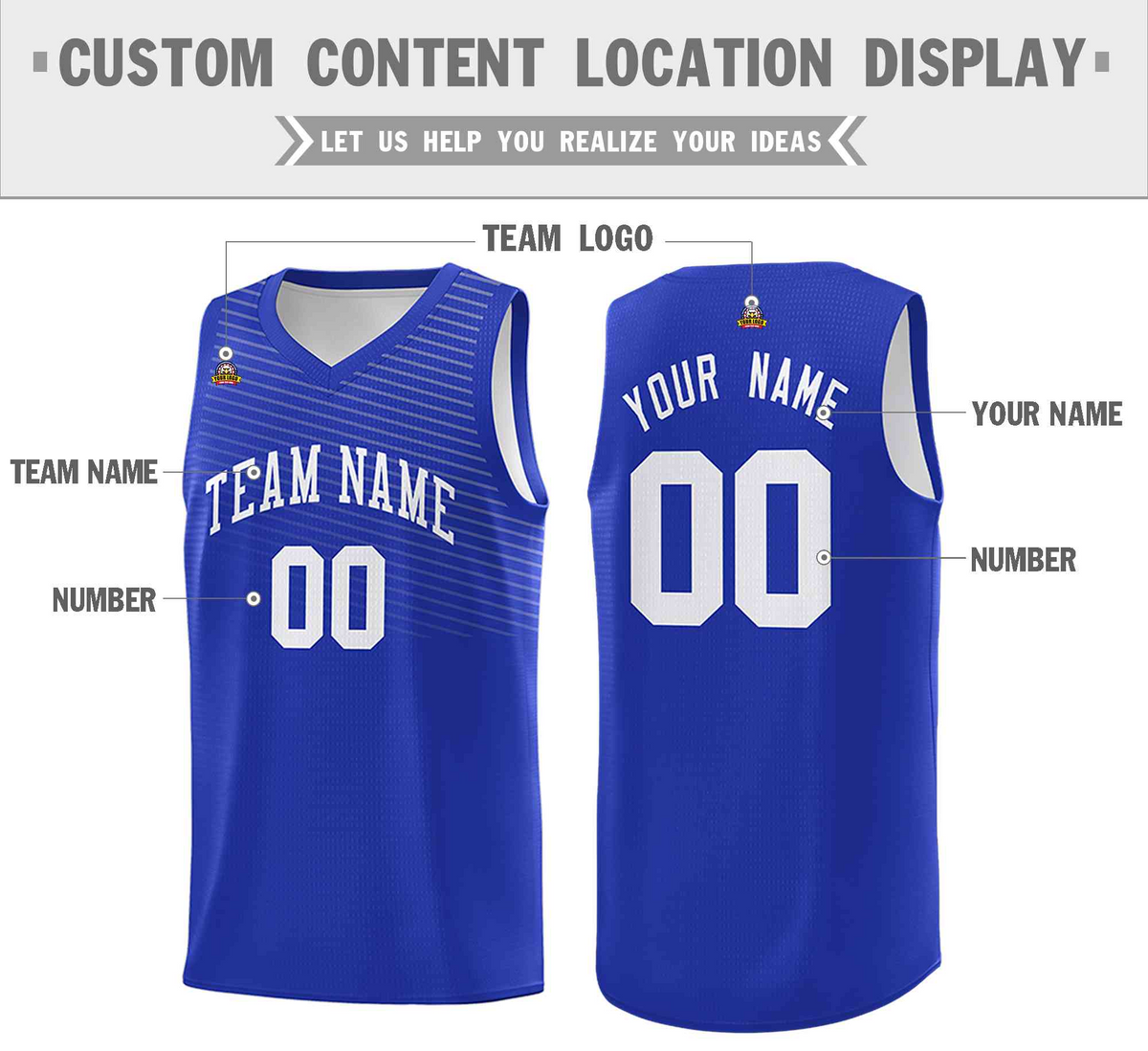Custom Royal White Chest Slash Patttern Double Side Top Sports Uniform Basketball Jersey