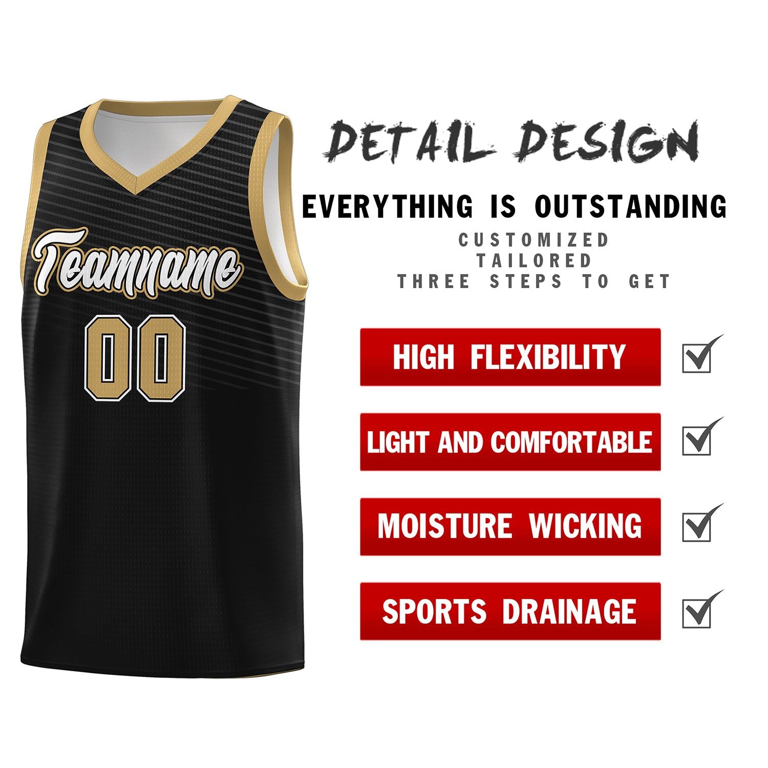 Custom Black Old Gold Chest Slash Patttern Sports Uniform Basketball Jersey