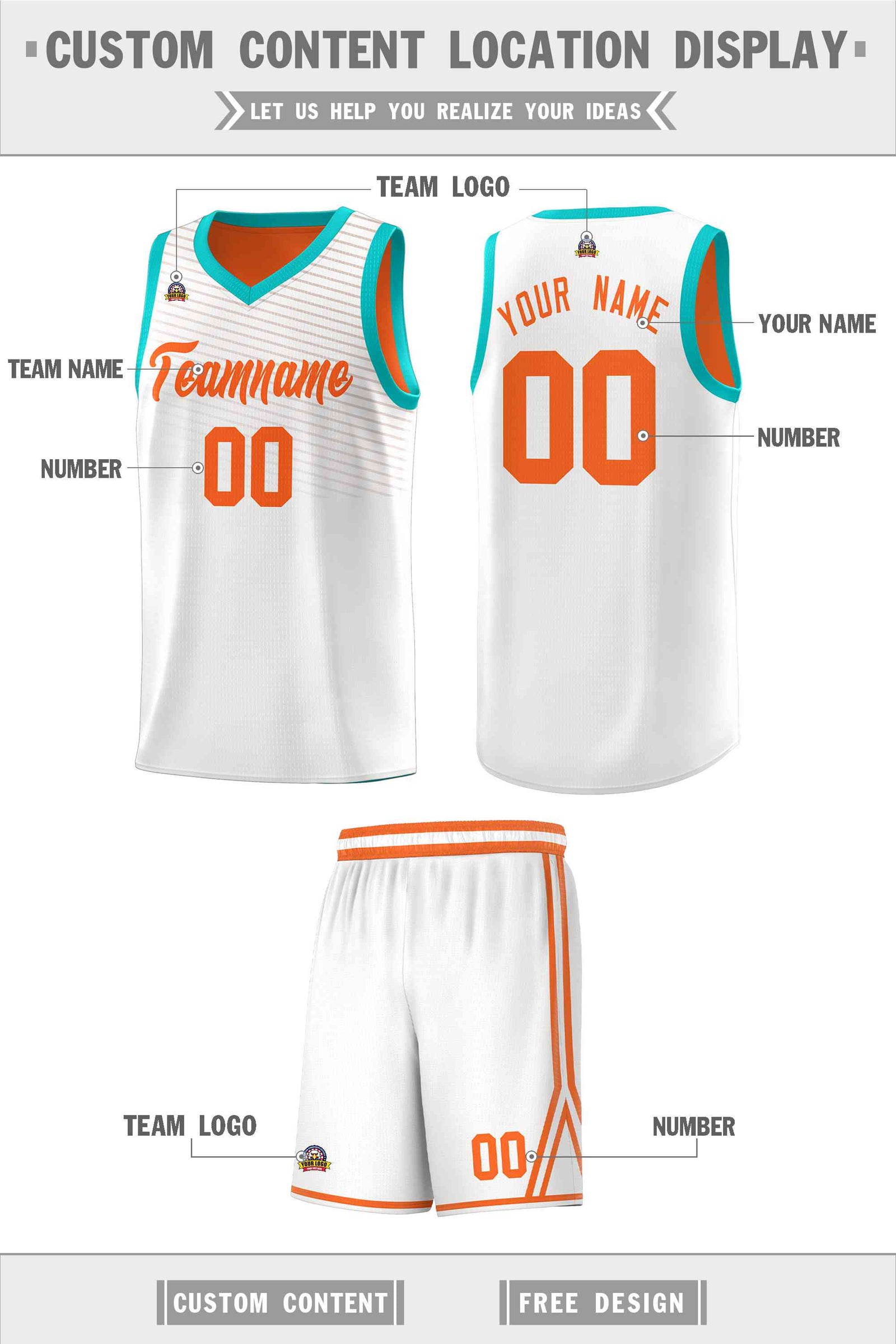 Custom White Orange Chest Slash Patttern Sports Uniform Basketball Jersey