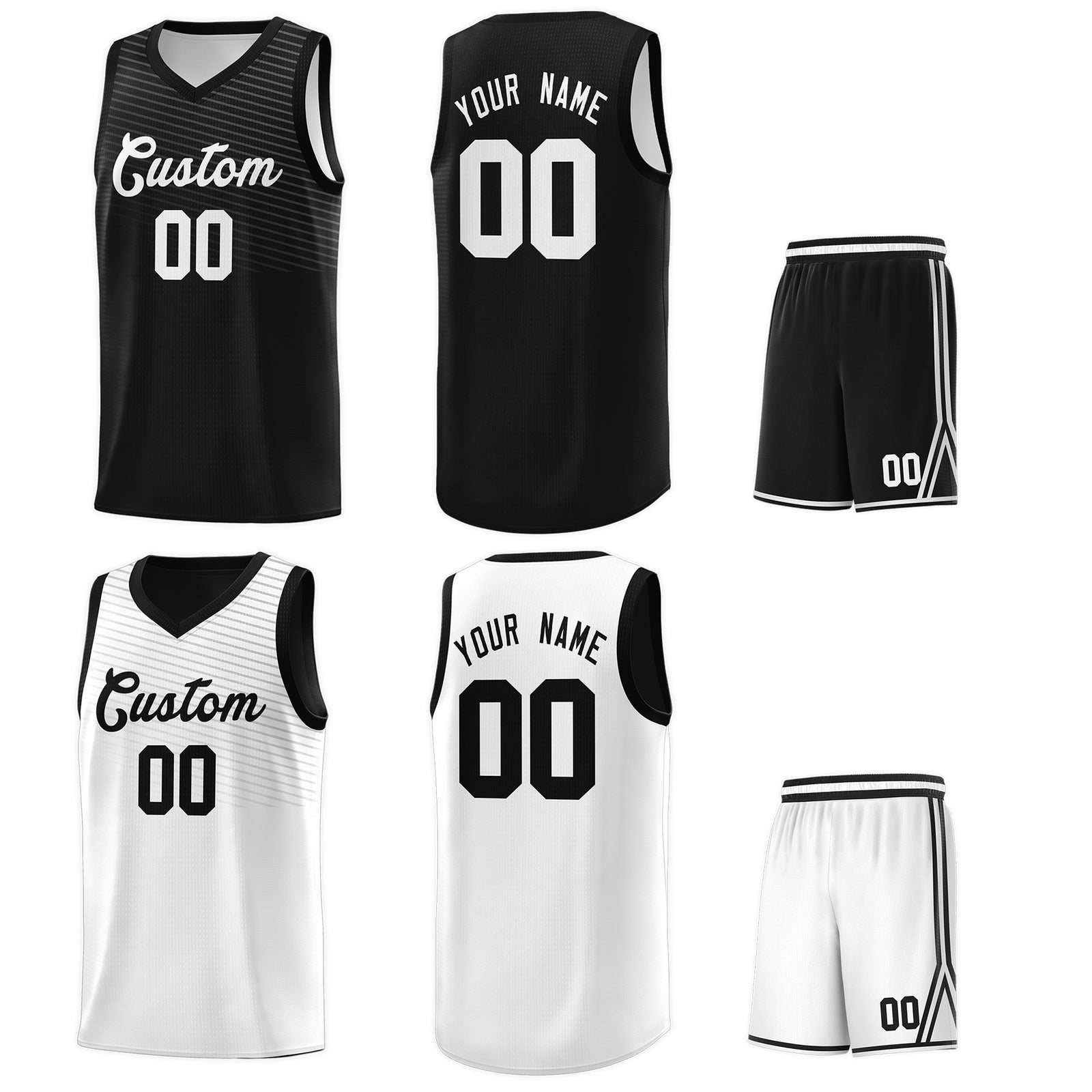 Custom Black White Chest Slash Patttern Double Side Sports Uniform Basketball Jersey