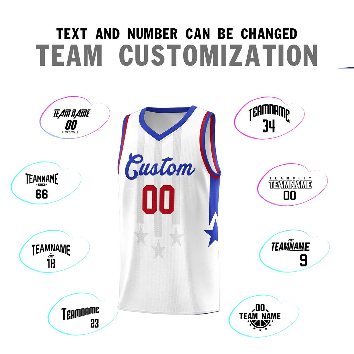 Custom White Royal and Red Gradient Star Graffiti Pattern Sports Uniform Basketball Jersey