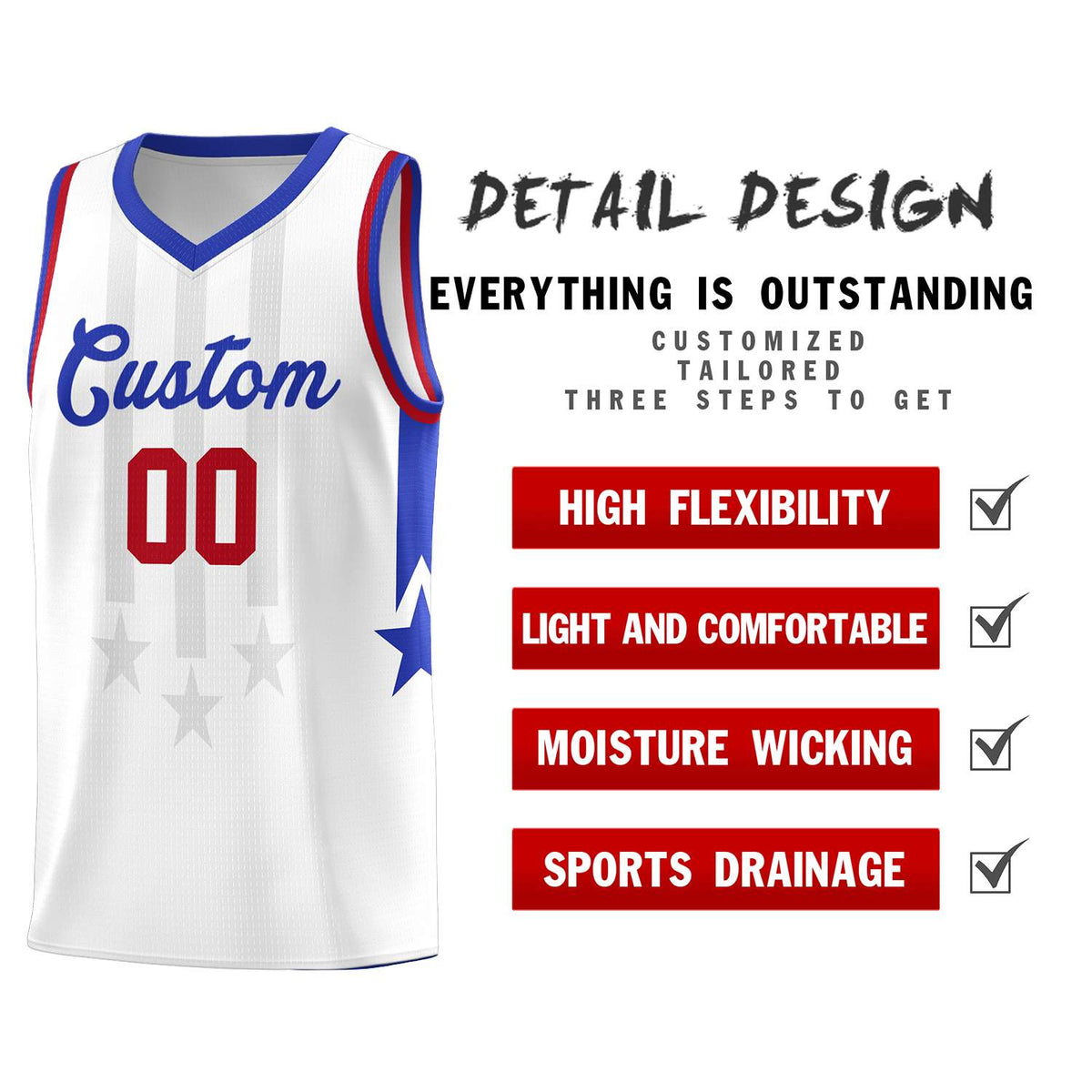 Custom White Royal and Red Gradient Star Graffiti Pattern Sports Uniform Basketball Jersey