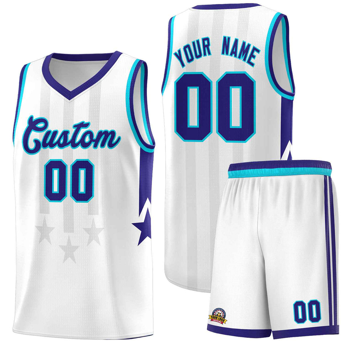 Custom White Purple and Sky Blue Gradient Star Graffiti Pattern Sports Uniform Basketball Jersey