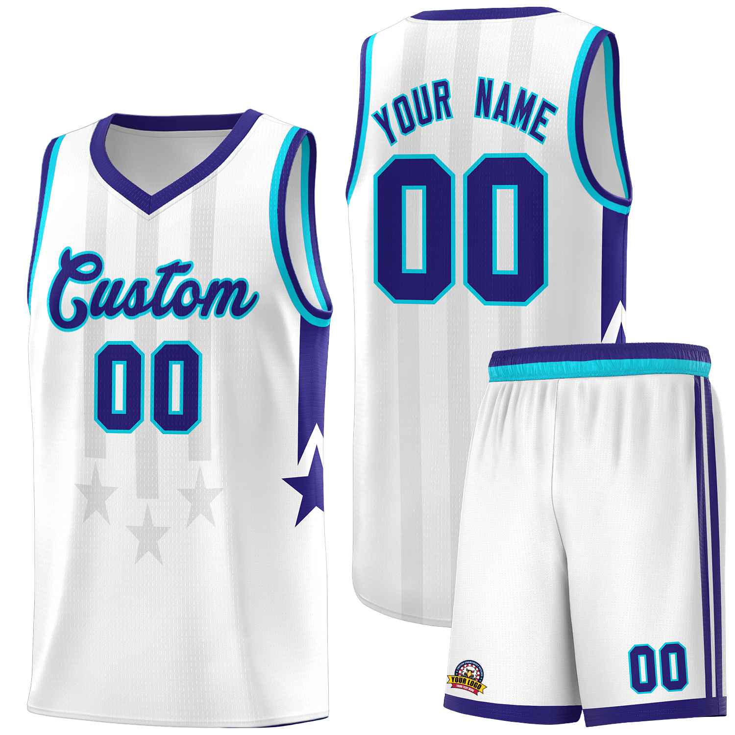 Custom White Purple and Sky Blue Gradient Star Graffiti Pattern Sports Uniform Basketball Jersey